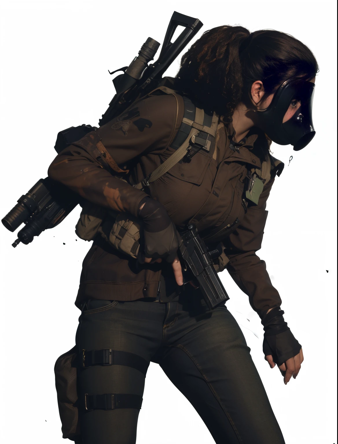 1 Mulher 25 anos, cabelo castanho longo amarrado, olhos azuis, com mochila cargueira cor verde, moletom marrom, With rifle in hand, Forest destroyed, sangrando , mascara de gas, Hyper realistic cinematic lighting super details skin texture , survival, destruction, 8k, Ultra HD | | | | |, (Post-apoc, Post-apoc_character)