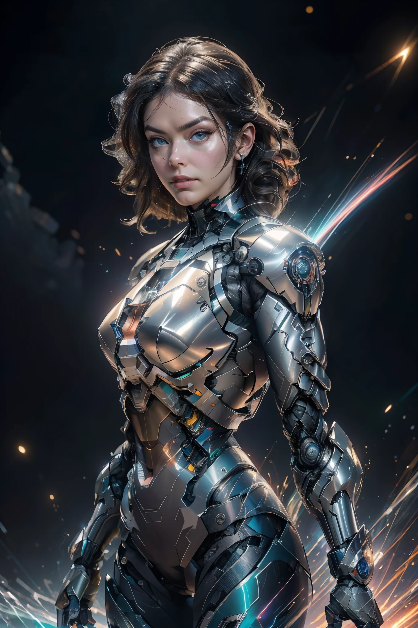 Obra-prima, melhor qualidade, super detalhado, very detailed illustrations, muito detalhado, detalhes intrincados, alta resolução, detalhes super complexos, papel de parede 8k cg muito detalhado, lente 50MM, caustic, reflexos, ray tracing, nebulosas, halos escuros, efeitos de rede, (Alison Tyler: 1.4), solo, sozinho, mecha musume, mechanicalparts, robot joints, single mechanical arm, holding a big stylized modern gun, chapelaria, mechanical halo, halo estrela, electrical mechanical bodysuit, espartilho mecha, quimono, armadura completa, cabelo loiro muito longo, cabelo loiro, cabelo entre os olhos, olhos azuis, olhos brilhantes, labios vermelhos sedutor, provocative expression, random action, arquitetura chinesa antiga, starly sky, horizonte