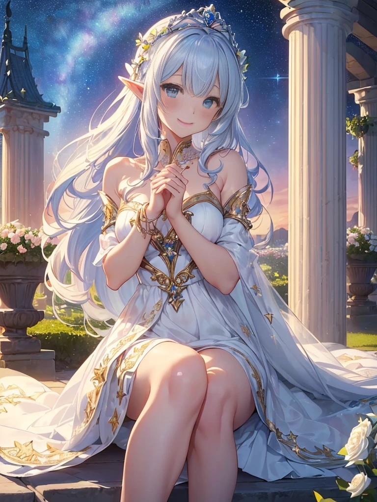 top-quality、Top image quality、masterpiece、Elven Beauty、Smiling while holding a bouquet of white roses((24 year old、Best Bust、big bast、Bust 90,beautiful blue ironed long hair、A slender、a closeup、Esbian、beautiful tiara、hiquality、Beautiful Art、Background with((starrysky)))masutepiece、visualart、depth of field awning、sunrises、elf midnight、harp melody🎵、Happy smile、Gentle light、、Beautiful and skin-friendly breasts、beautiful foot、welcome、、Number of fingers with accurate finger movements、ticker beautiful dress、A sexy、Mystical In the flower garden、flower field、white roses、marble pillar、