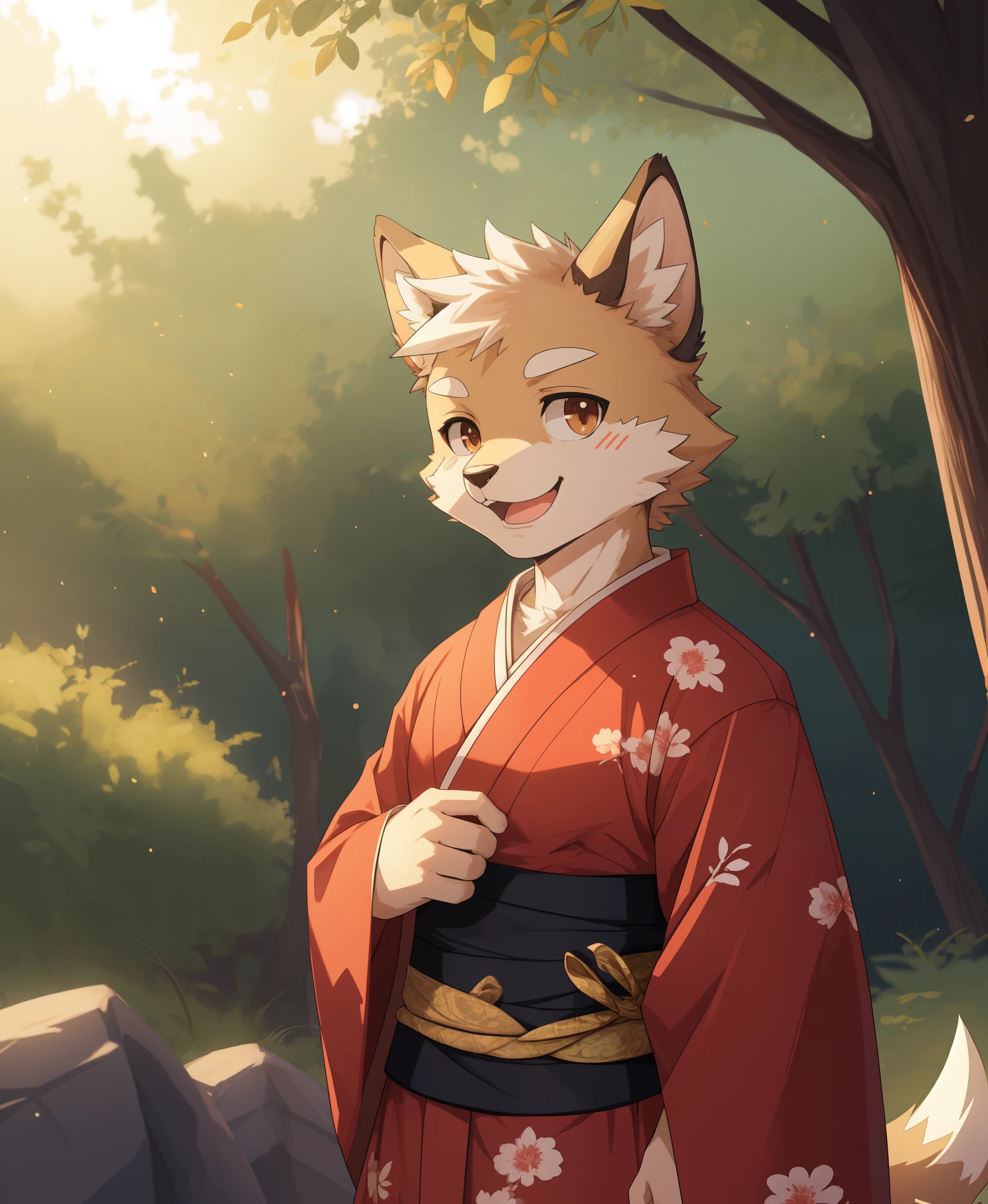 depth of field, perfect lighting, light particles,(best quality),(masterpiece),(ultra detailed),sharp focus,light particles, niji, detailed eyes, blush, brown_eyes, looking_at_viewer, smile, solo, furry, animal_ear_fluff, open_clothes, arms behind back, upper body, tail, kimono, japanese clothes, sunlight, tree, open mouth, from below, arms behind back, male, 1 boy