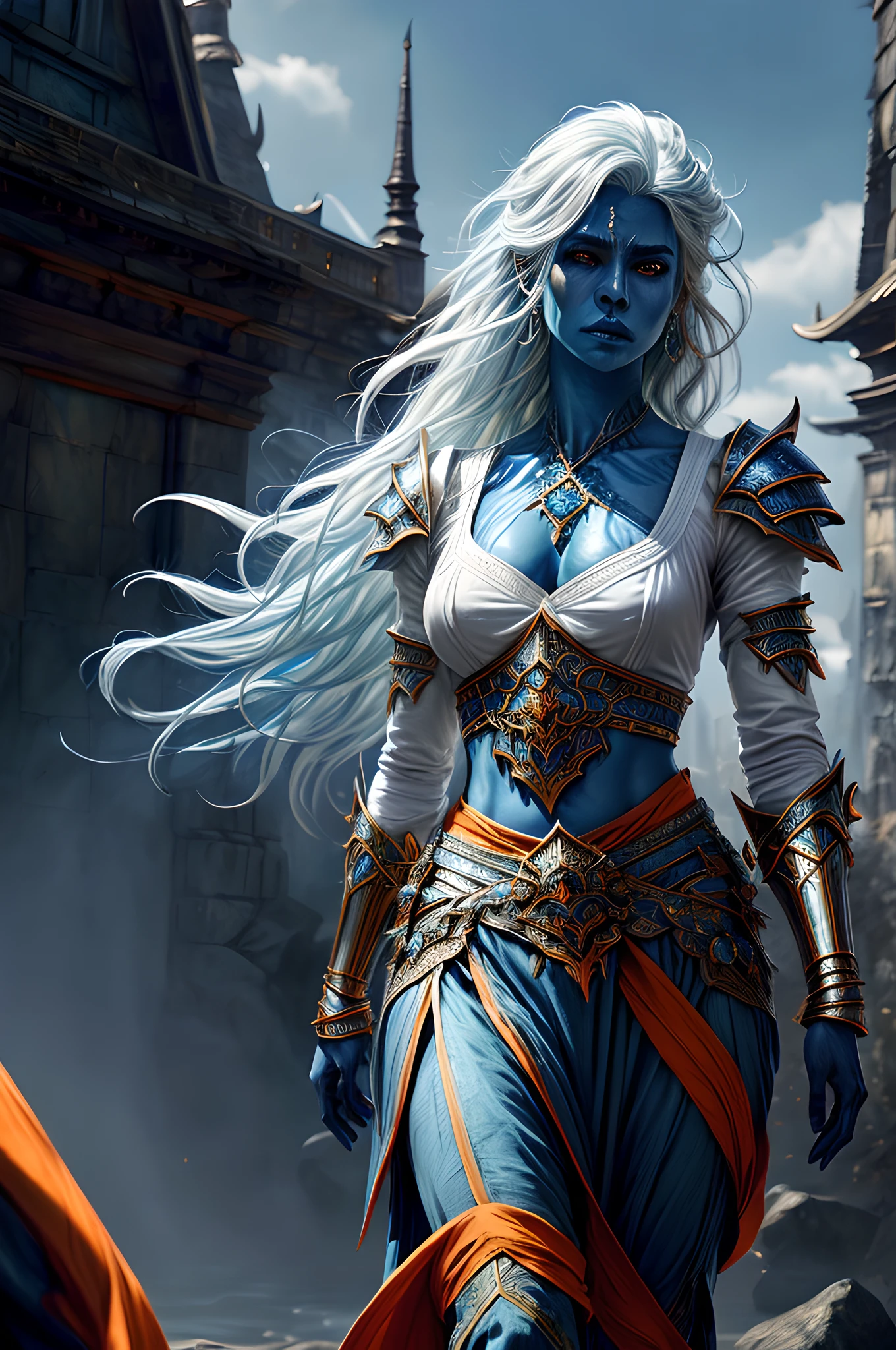 A woman with blue skin and white hair is walking in front of a castle ...