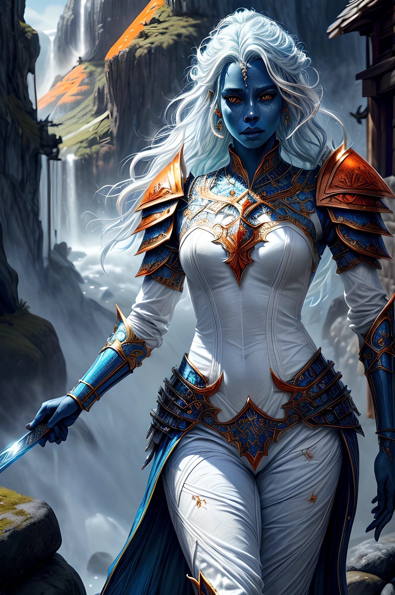 fantasy art, dnd art, RPG art, drkfntasy wide shot, (masterpiece:1.3), full body intense details, highly detailed, photorealistic, best quality, highres, portrait a vedalken female (fantasy art, Masterpiece, best quality: 1.3) (blue colored skin: 1.3), intense details facial details, exquisite beauty,  (fantasy art, Masterpiece, best quality)cleric, (blue colored skin: 1.3) 1person blue_skin, (white hair: 1.3), long hair, intense green eye, fantasy art, Masterpiece, best quality) armed a fiery sword red fire, wearing heavy (white: 1.3) half plate mail armor LnF wearing high heeled laced boots, wearing an(orange :1.3) cloak, wearing glowing holy symbol GlowingRunes_yellow, within fantasy temple background, reflection light, high details, best quality, 16k, [ultra detailed], masterpiece, best quality, (extremely detailed), dynamic angle, ultra wide shot, photorealistic, RAW, fantasy art, dnd art, fantasy art, realistic art