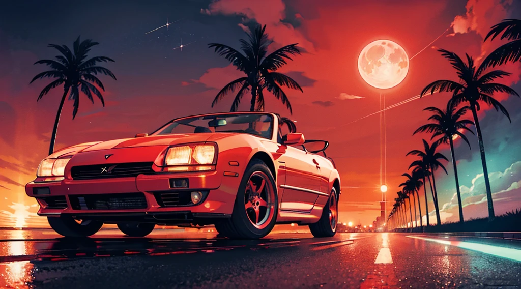 (cyberpunk road by the sea, red glowing road, starry sky, big moon, palm trees), (classic convertible car), (low contrast)