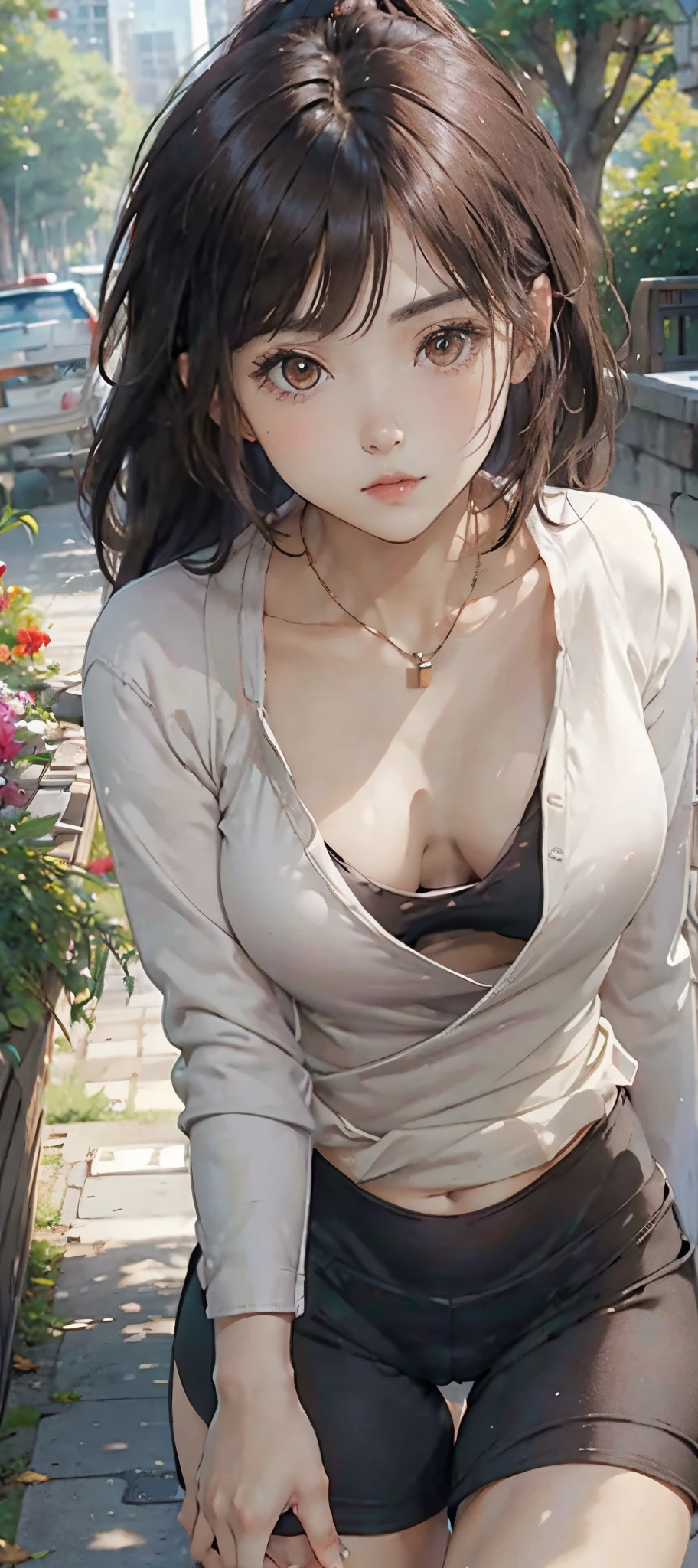 light-brown hair, small breasts, slim waist, thick thighs, shapely butt, slim body, ponytail, (((tight blouse))), (((no pants))), cleavage, necklace, seductive posture, breast squeeze, downblouse, leaning forward, park, path, trees, flowers, distant city in the background, looking at viewer, sultry look