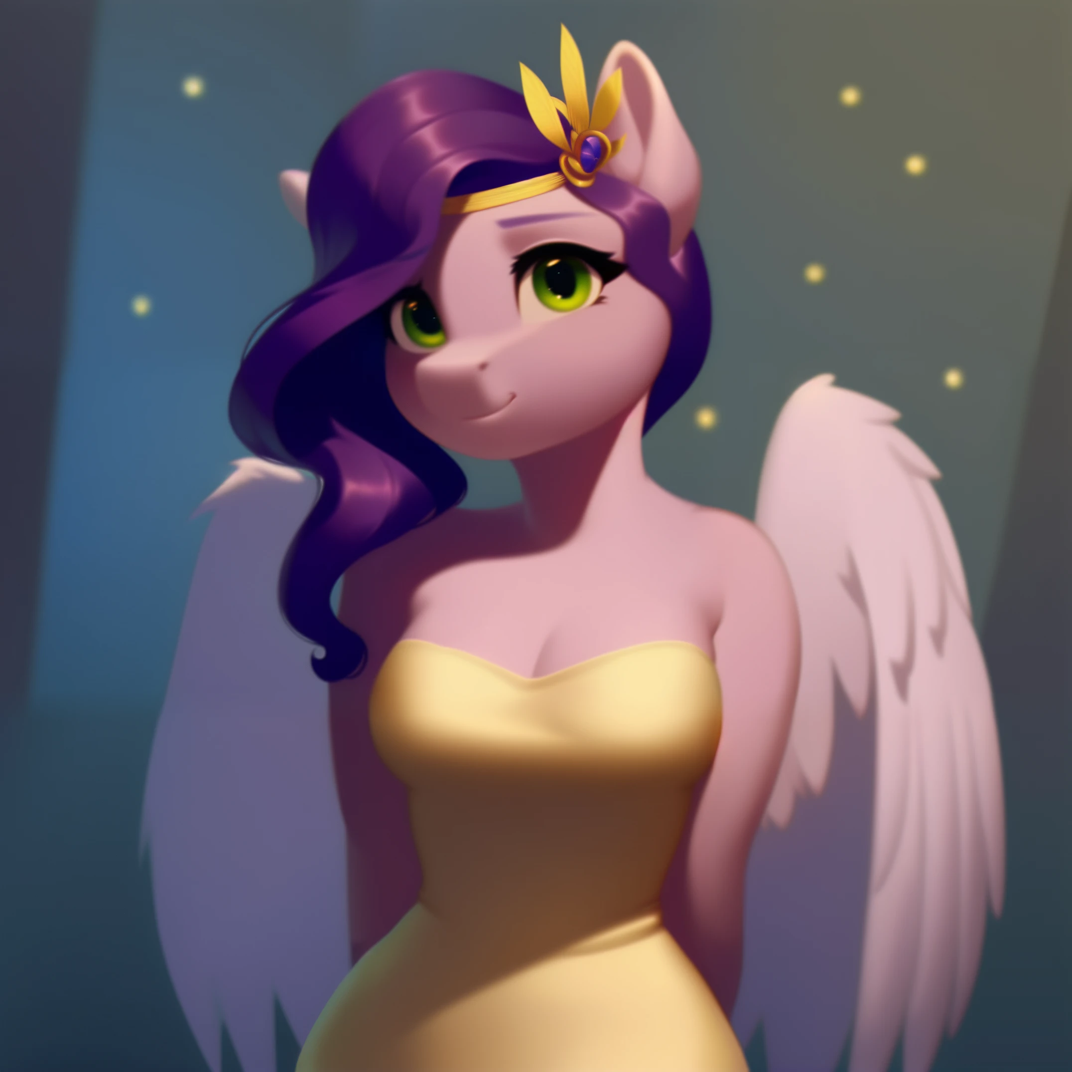 (score_9), (source_pony), (solo), (pegasus), ((anthro pipp petals :1.1)), (strapless tight dress, sexy, nervous , long hair, anatomically correct, night garden, standing near fountain, medium breasts, half body, solo, light purple fur, green eyes, arms behind back, hour glass figure, curvy, young,