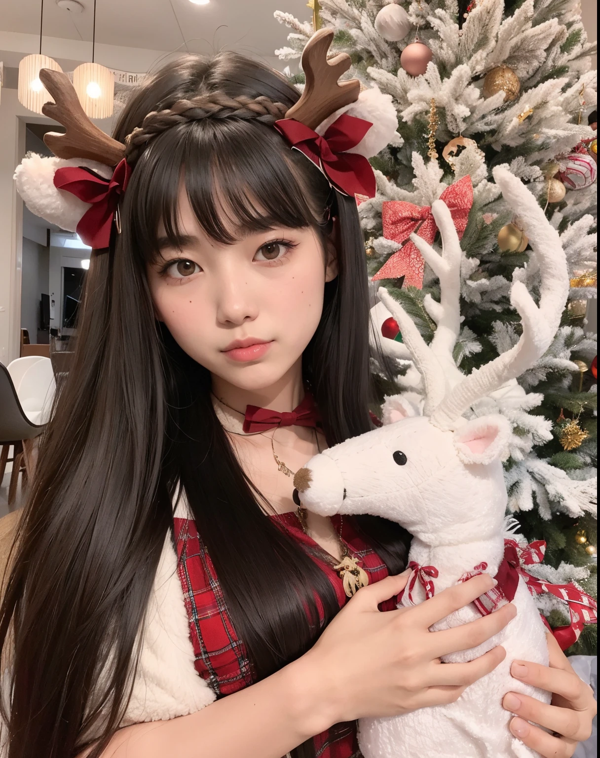 Araffe girl with long hair holding a stuffed reindeer in front of a Christmas tree, Lalisa Manobal, Ulzzang, branco hime corte penteado, Chiho, Shikami, Sakimichan, Jaeyeon Nam, linda Delphine, O corte Hime, 🍁 fofo, Kimi Takemura, com franja, Narumi Kakinouchi