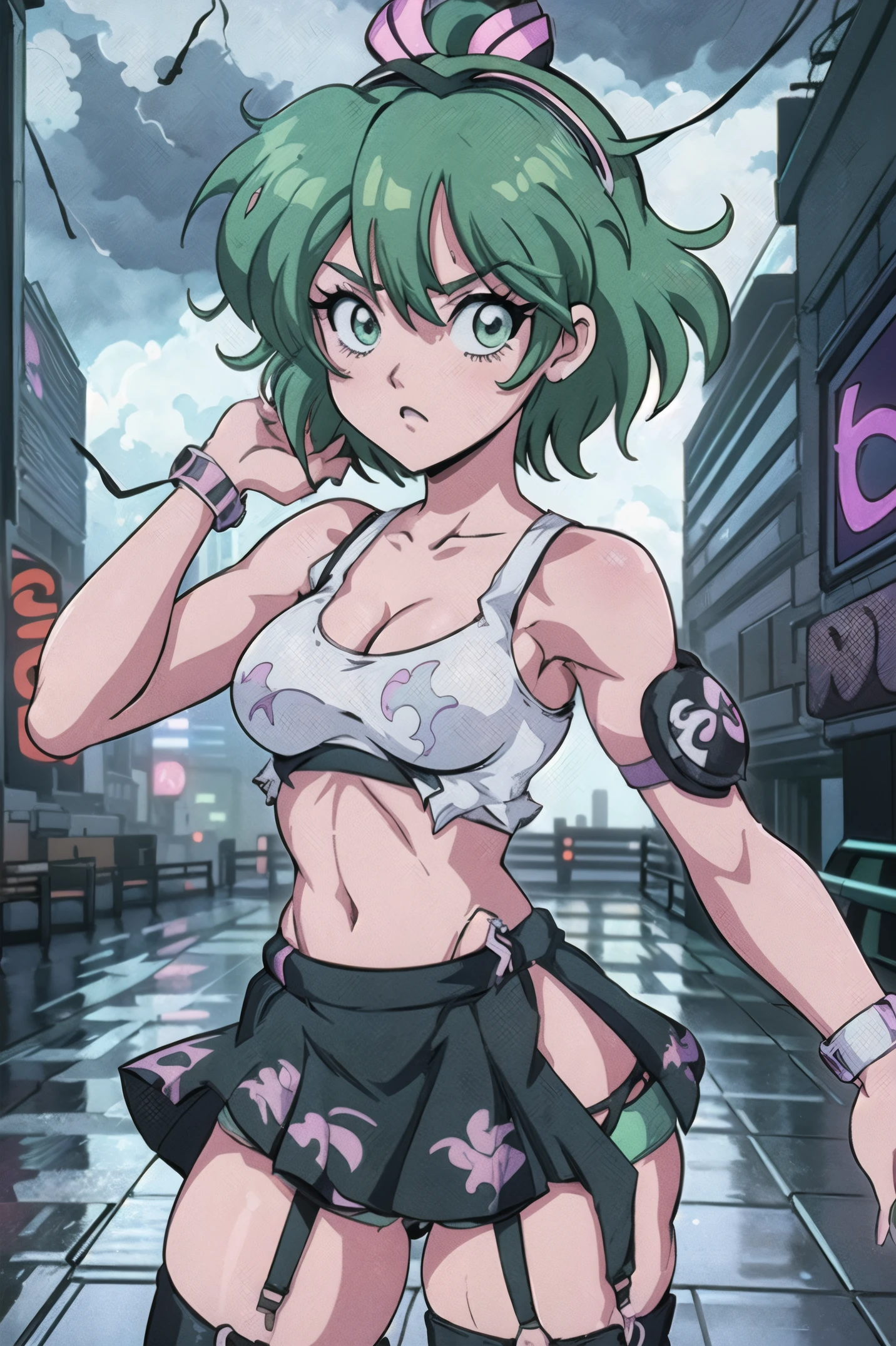 Beautiful 1girl, cute girl, solo, (green curly-hair, very curly hair, colored inner hair, short hair1.25), (green_eyes:1.3), (small breasts: 1.4), big butt, big eyes, lustrous bright skin: 1.5), thin body, embarrassed, zettai ryouiki, revealing clothing, (rave miniskirt, visible thong straps, white loose tank top with an anime art print: 1.6)), (dynamic pose:1.0), ((cyberpunk city by the ocean at night, with bright neon signs and dark stormy clouds and puddles, scenery:1.25)), masterpiece, best quality,3d rending work ,3DMM style, close-up, portrait, 3D,