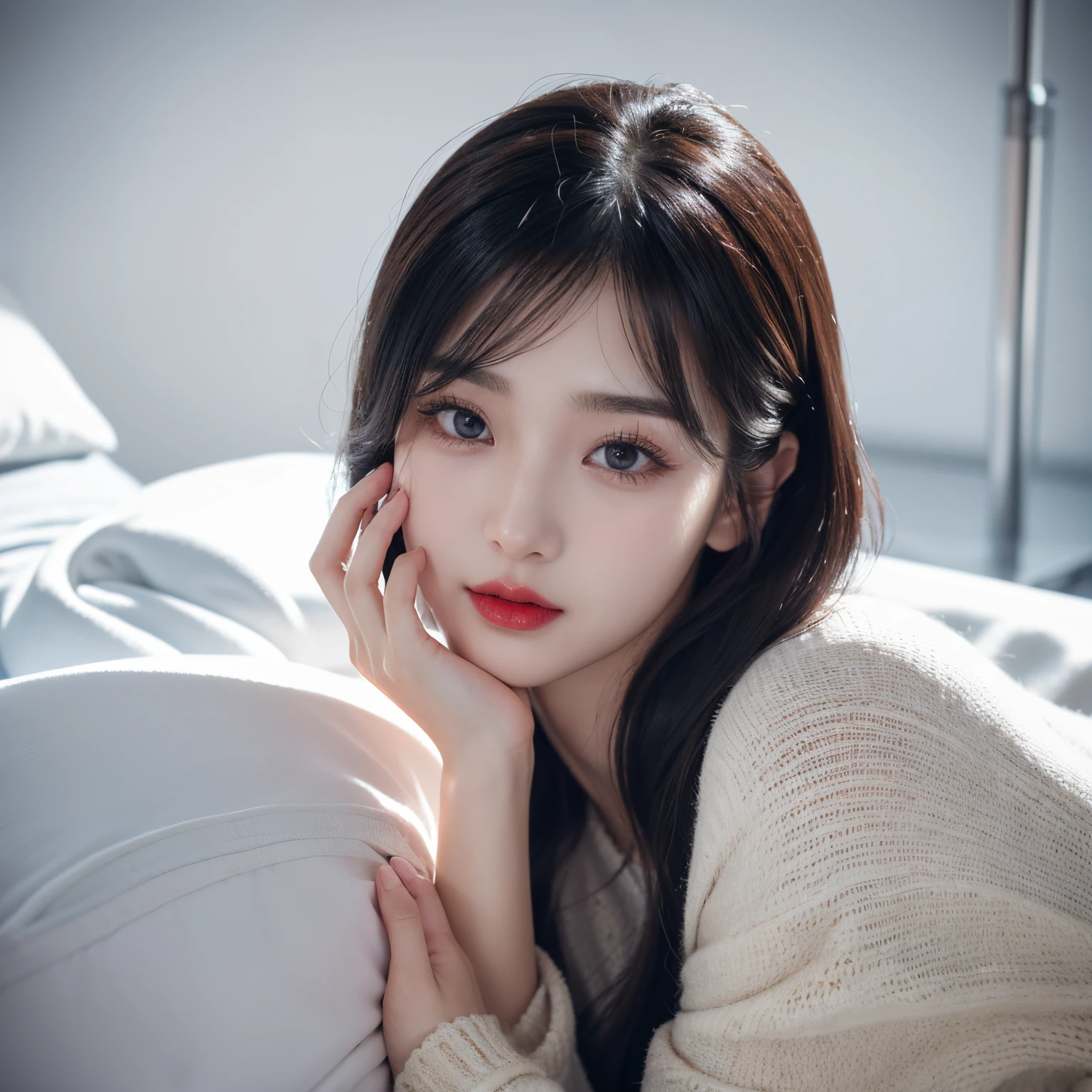 Hair、Delicate face、Sexy red lips,And the long eyelashes on the bright eyes,She has a slightly cold temperament