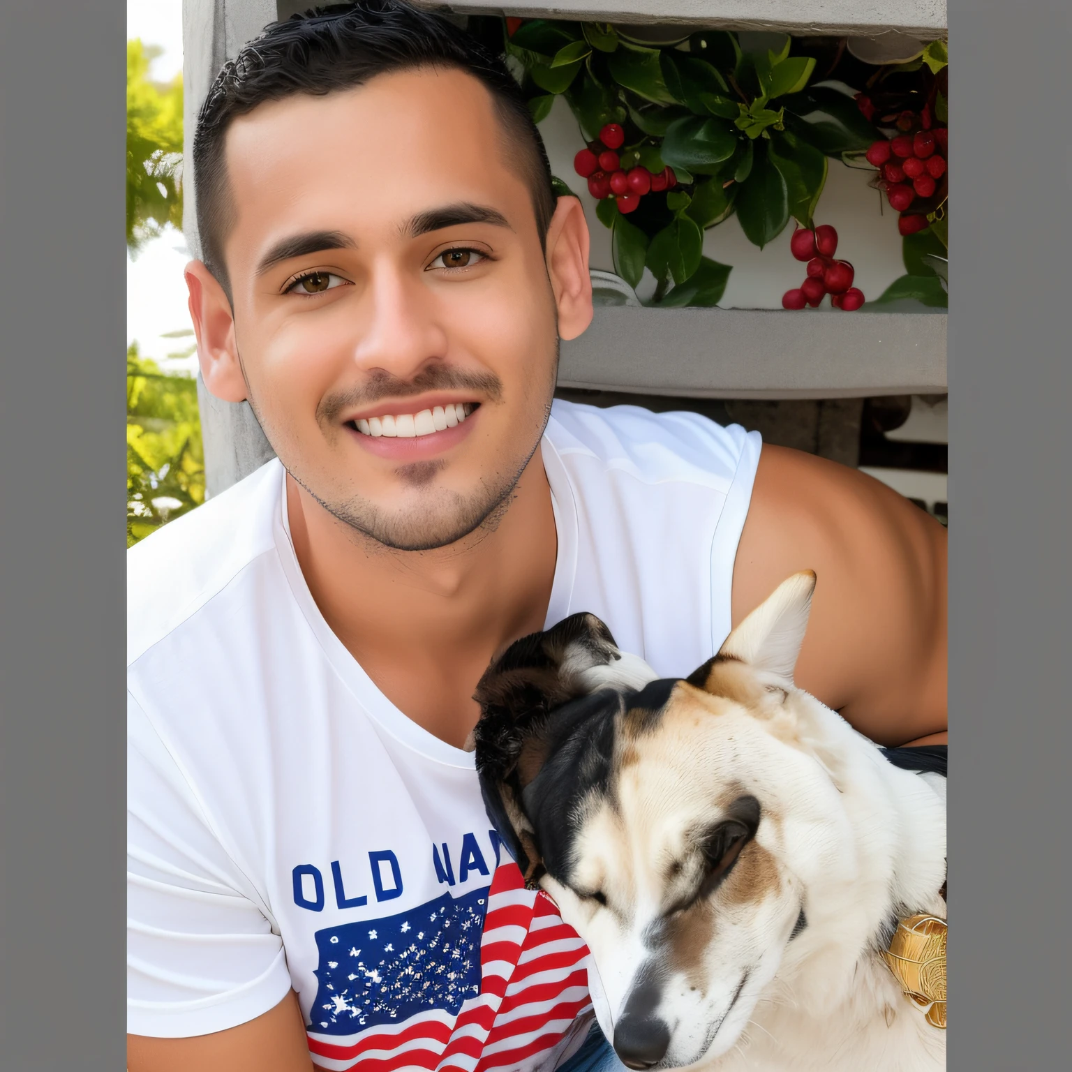 homem sorridente com cachorro na frente dele e bandeira americana, anime, Brandon, imagem de perfil, Tyler Oeste, Mateus Stewart, Kyle McLaughlin, foto do snapchat, Alex Yanes e Lisa Frank, foto do perfil, Homem de 30 anos, 3/4 perfil, foto do instagram, foto de perfil, christian cline, 2 8 anos, foto de perfil, andrew gonzalez, 2 7 anos