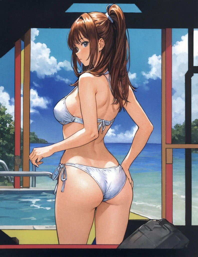 A beautiful woman with shoulder-length brown hair, big breasts, and beautiful legs is standing by the school pool in a white bikini with her butt turned and her back.。