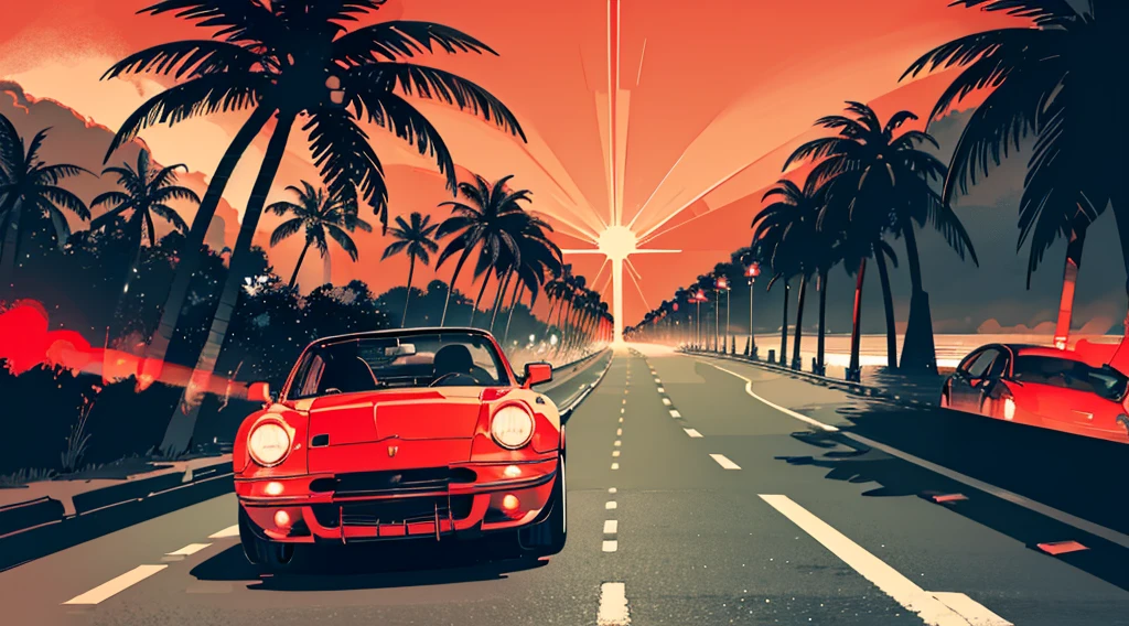 (cyberpunk road by the sea, red glowing road, starry sky, big moon, palm trees), (classic convertible car), (low contrast, flat color, limited palette)
