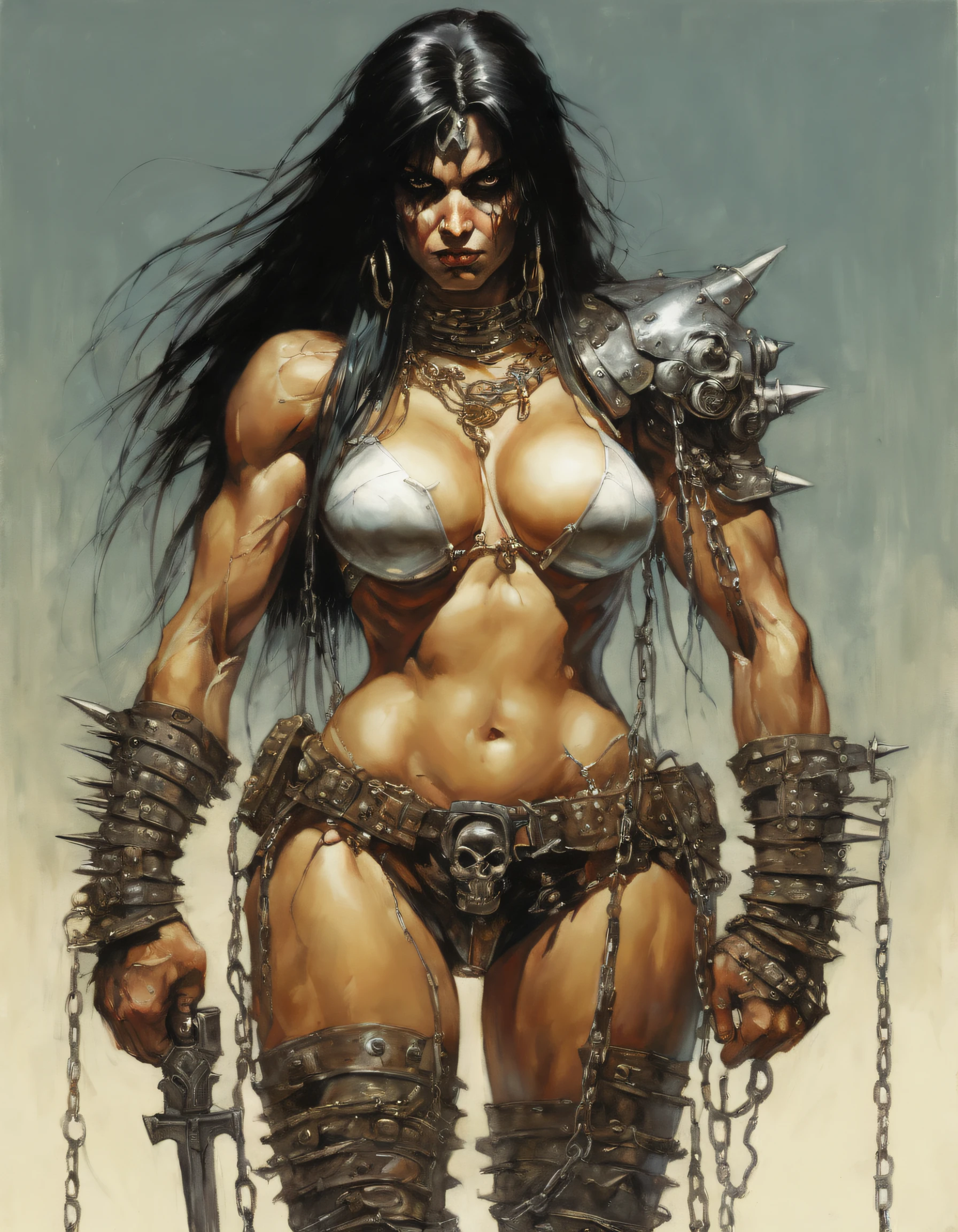 ((Simon Bisley)), Linda mulher de corpo inteiro, 30 anos, corpo musculoso e perfeito, guerreira feroz, colorful clothes filled with metal spikes and chains, detalhes absurdos, absurdos, Frank Frazetta, com micro roupas, quase totalmente nua, com pouca roupa, Tiny thong, seios grandes, decote generoso, muito metal na roupa, ombreira no formato de uma caveira, ((Seios Grandes Mamilos Grandes)), fantastic art clothes, cabelos cumprido ou curto, cara de brava, reino sombrio, pose sexy, fantastic landscape, fantasia adulta