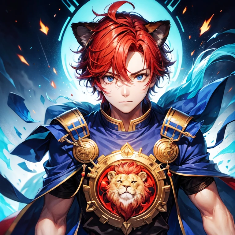 1boy, young, lion ears, red hair, blue fire