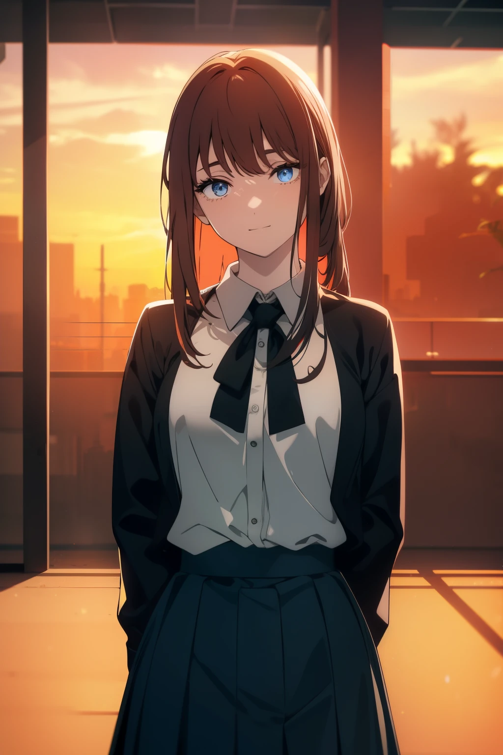 (Obra maestra, La mejor calidad, ultrahigh resolution), 1girl, standing, school uniform, white office shirt, black pleated skirt, ((light brown, light brown hair:0.7)), long hair cut, pale skin, ((blue eyes)), glowing_eyes, neon eyes, (ultra detailed eyes:0.7, beautiful and detailed face, detailed eyes:0.9), ((centered)), smile, ((wide shot)), facing viewer, eye level, ((blurry background, sunset sky, palm trees)), flat chested, looking at viewer, ((half closed eyes)), ((perfect hands)), (((head:0.9, arms, hips, elbows, in view))), ((hands behind back)), empty eyes, beautiful lighting, outside, outdoors, background, defined subject, 25 years old, (head tilt)