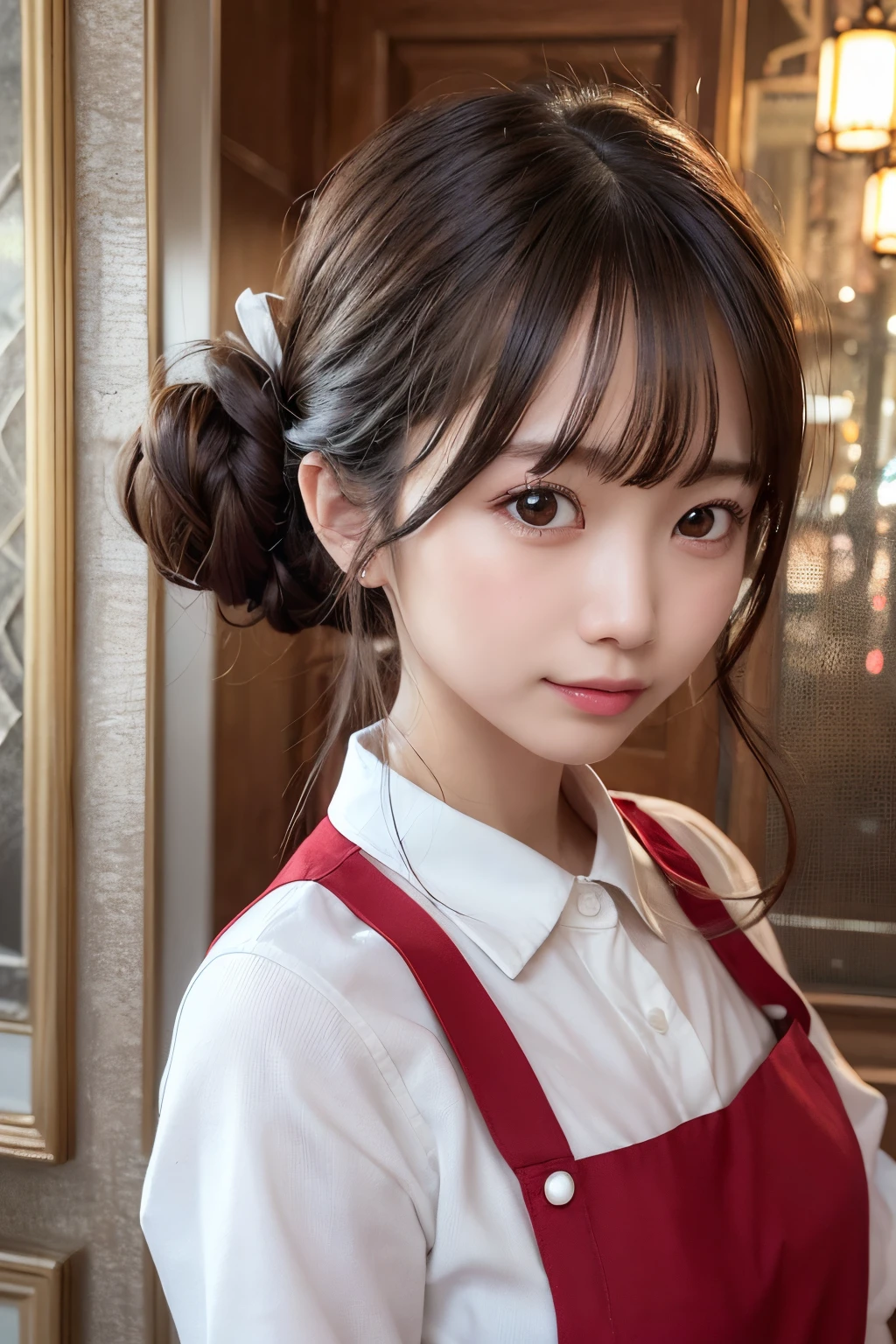 ((best quality, 8K, masterpiece)), ultra detailed, sharp focus, 1 cute girl, ((red apron:1.4)), (updo:1.4), (simple collared shirts:1.4), highly detailed face and skin texture, ((detailed eyes)), ((beautiful black eyes:1.2)), (smile:1.15), (closed mouth), (cafe)