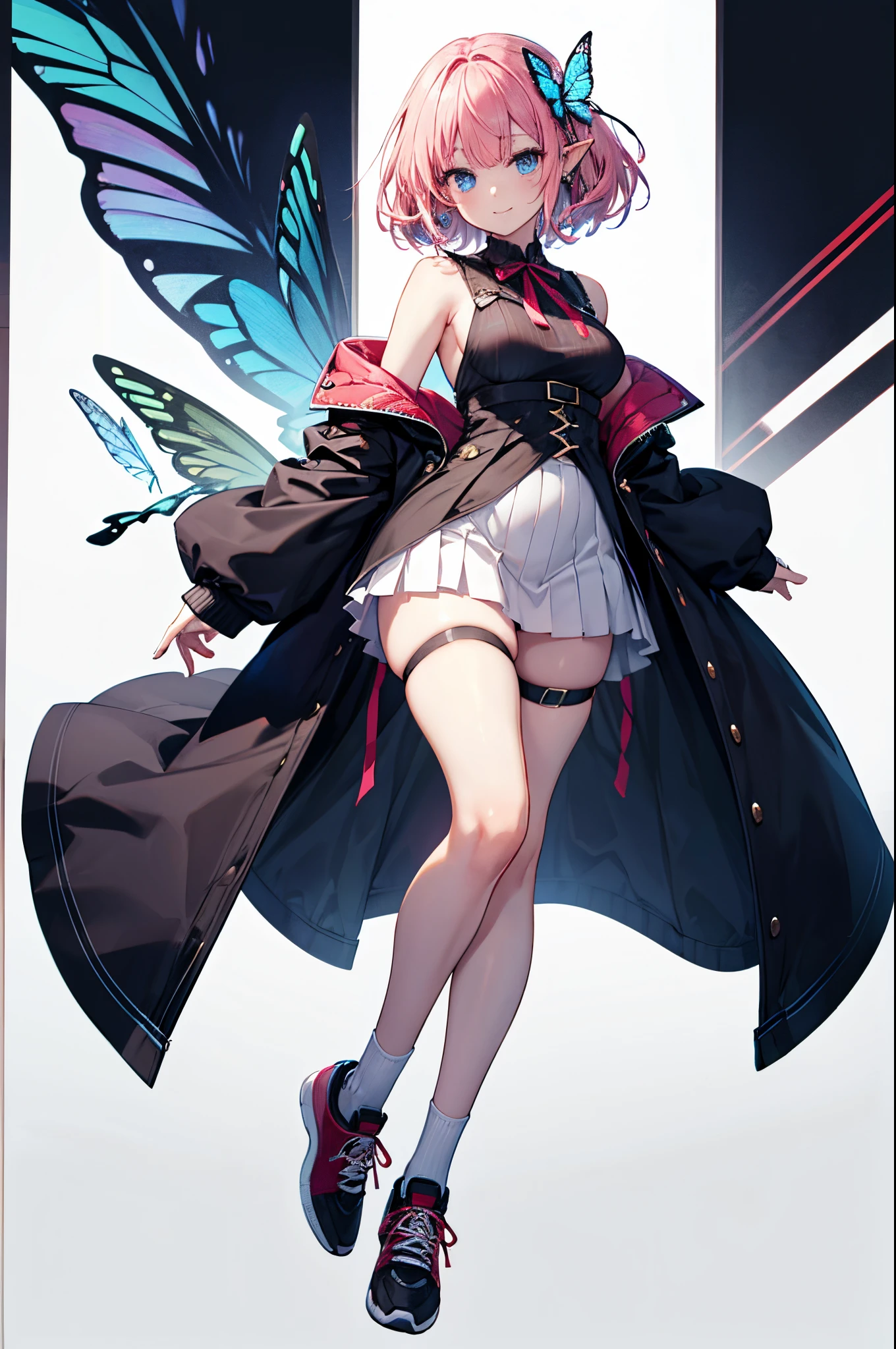 Detail image, realistic image, 1 elf. She has short shoulder-length hair, and square bangs hanging over her eyebrows. She has reddish pink hair. she has accessories are twin butterfly shaped ribbons on both sides of her head. she has dark blue eyes. She wears a long sleeved sweater covering her short white dress, pleated mini skirt. thin thong. she wears white thigh-high socks. sneakers. Smiling. Big boobs, small waist, wide hips, thick legs. Full body view. White background, uniform background. Ambient light. Volumetric light