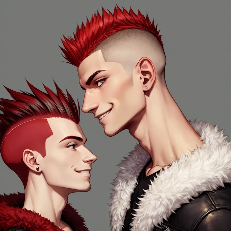 grey background, teasing smile,smirk,extra short hair, {{mohawk hair, shaved sidelocks, shaved side section hair, shaved nape section hair, undercut hair}}, red hair,fur,1boy,male focus, {{bald}},skin head,evil smile,coat,