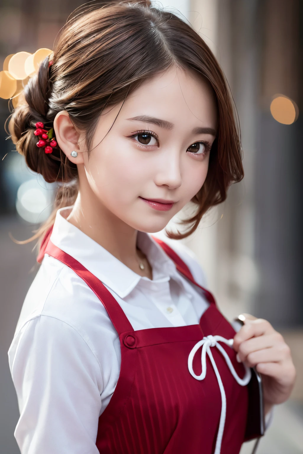 ((best quality, 8K, masterpiece)), ultra detailed, sharp focus, 1 cute girl, ((red apron:1.4)), (updo:1.4), (simple collared shirts:1.4), highly detailed face and skin texture, ((detailed eyes)), ((beautiful black eyes:1.2)), (smile:1.15), (closed mouth), (cafe)