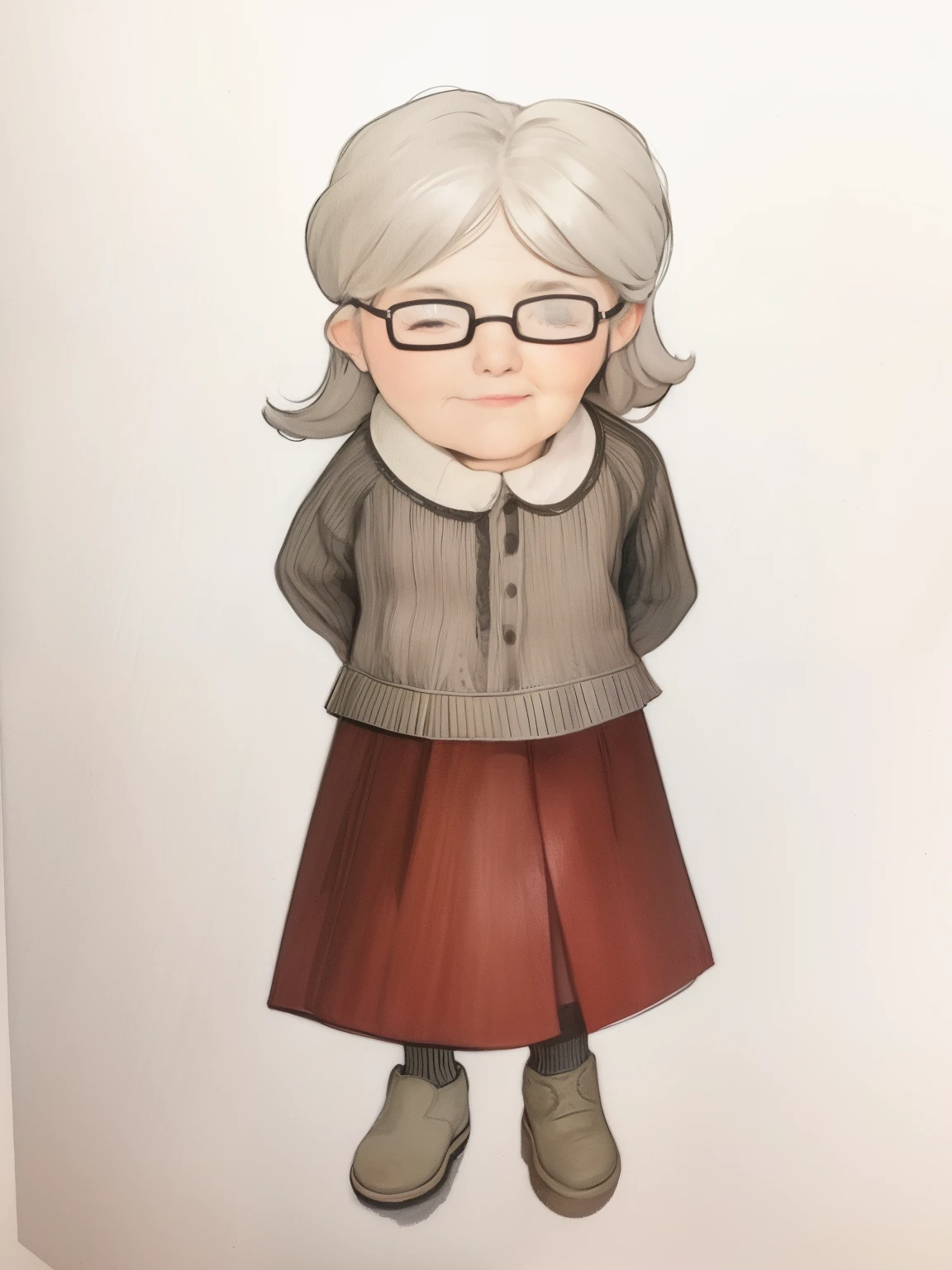 There is a painting，The painting is of a person wearing glasses、Woman in sweater, Inspired by Hilda Anita Walker, old old woman, Inspired by Oliver Moody Cook, short full body portrait!, watercolor paiting, An old lady, character portrait of me, Inspired by Hilda May Gordon, full body character portrait, inspired by the senior character artist