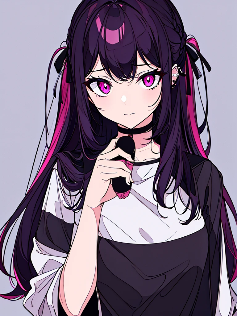 1 girl, goth, black long hair, pink eyes, body piercings, holding a plushie cat