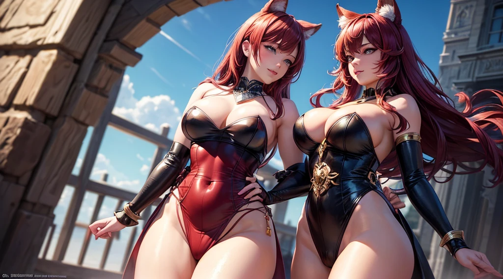 i'm the final boss, (masterpiece, best)), (1girl), (mature woman), Maroon hair, open- seduction, flared, (kemonomimi lady), bangs, , (full), slim, smile, [wide ], standing, 8K picture quality,  seduction, (open-) (Sharp focus: 1.5), (sharp focus:1.2), (beautiful face:1.1), (eye makeup:1.2), (tight body:1.2), (morning sun lighting:1.2), ((Masterpiece)), (highest quality))), (Character design sheet, national costume, same character, front, side, back), ( Masterpiece:1.2), (Best Quality:1.3) (best quality:1.1) realistic:1.37 long, flowing:1.1 luscious, plump:1.1 sparkling sequins:1.1 subtle, 0.9 soft, warm:1.1 best quality,4k,8k,highres,masterpiece:1.2, realistic,photorealistic,photo-realistic:1.37, ultra-detailed:1.1 busty animal ears, beautiful, detailed ears:1.1 best quality, 4k, highres, masterpiece:1.2 detailed, piercing eyes:1.1 4k, 8k, highres, masterpiece:1.2 very three-dimensional: 1.2 (8k, best quality, masterpiece:1.2 ((masterpiece, best))