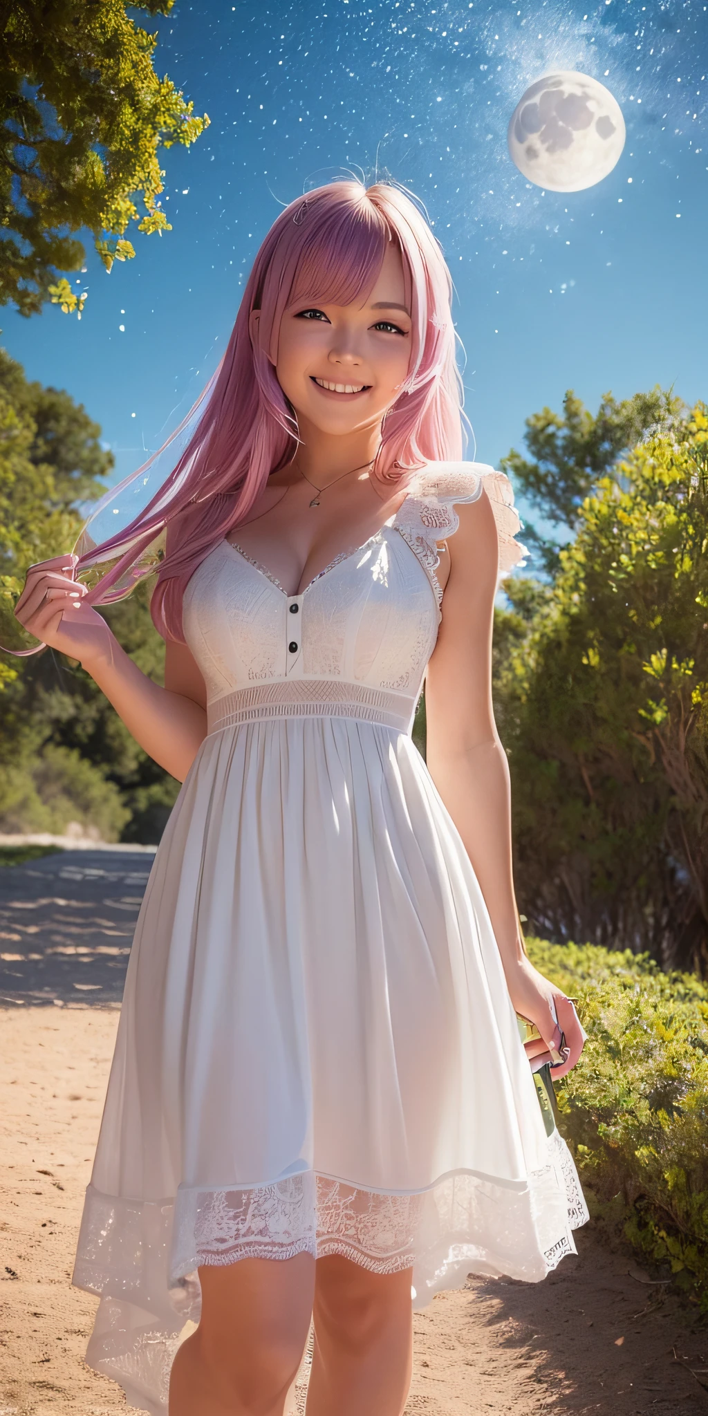 Beautiful 22 year old girl, perfectbody, wearing a torn up shirt (perfect shaped breasts), (long pink hair), eyes glowing green, (perfect hands), (RED Chinese dress with white lines.), (deep neckline), (skirt raised) (exposed thong rubbed under dress), (full - length photo), pink cherry forest background, High quality HD realistic photo, shy pose, happy in front of the camera.
