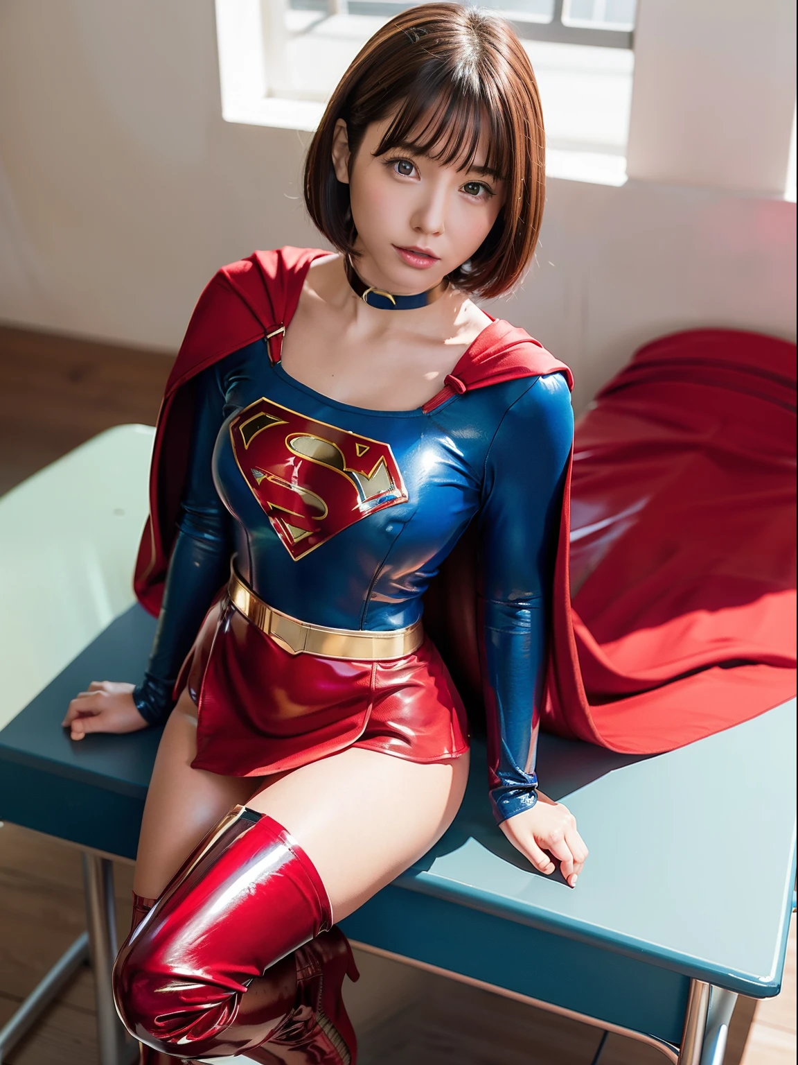 ​masterpiece,Short-haired Supergirl sitting at school desk with legs spread、large full breasts、Looking at the camera、Glossy enamel costume、Glossy bright red enamel long boots、shiny red enamel skirt、Glossy cloak、a choker、Large open legs