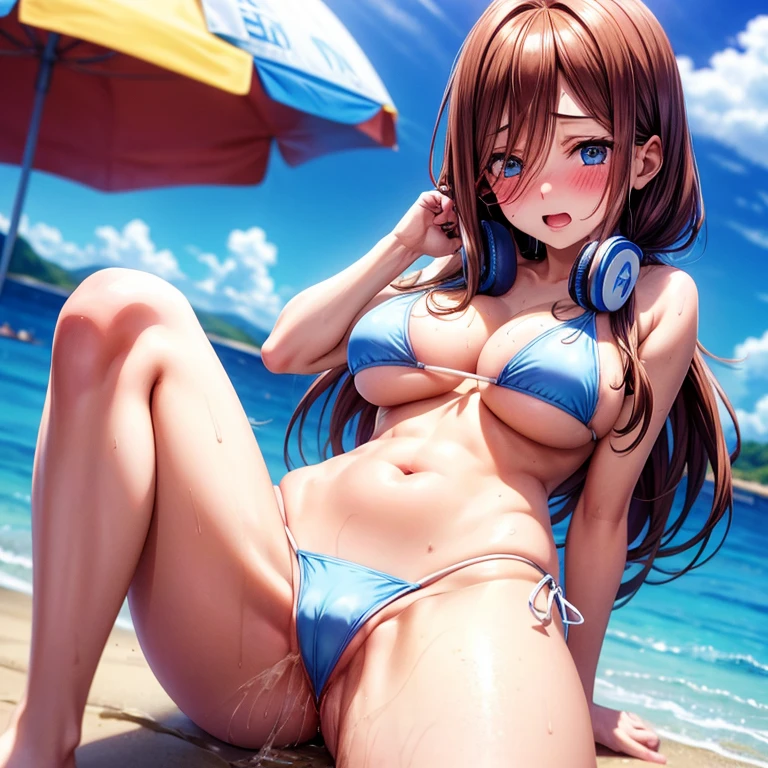 Schoolgirl with brown hair、a white bikini、(Blue headphones)、Semi-long hair、a shower、the beach、(Masturbate)、pussy juice,pussy juice、(Sheer bikini)、(teats)、Solo、red blush、embarassed expression、vagina,fingering