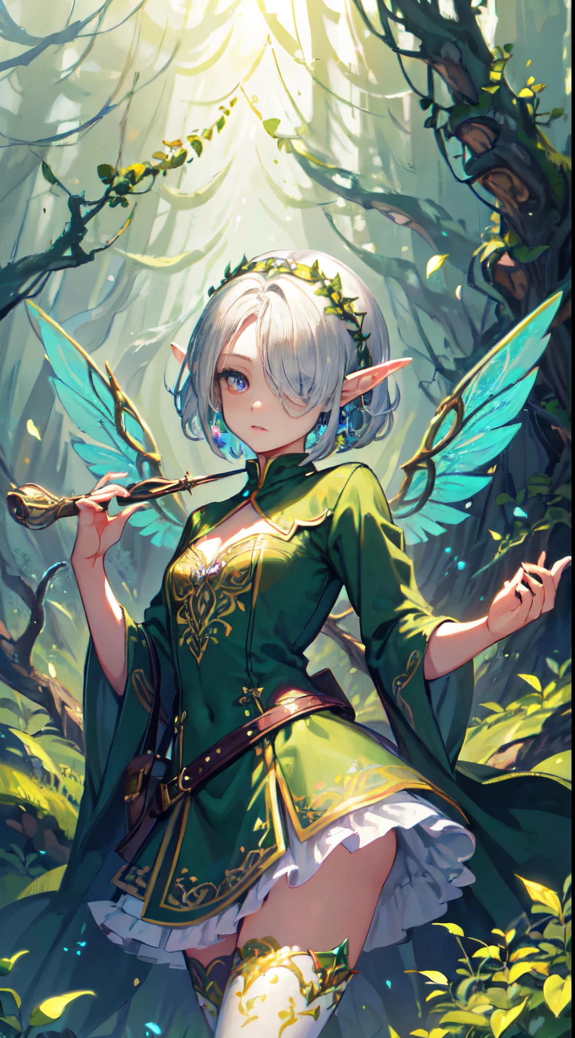 (Exquisite art style: 1.2 + bright colors: 1.2), (HD wallpaper + ultra-high precision: 1.2), When you think of "elf wings", you will imagine a flowing, elegant elf girl, flying in the air, surrounding the woods and wilderness. Her wings can be white, gold, or silver-gray, shining. She can wear dresses, short skirts or blue silk. Surrounded by trees, flowers and small animals, it  full of nature and magic. The theme "Wings of Elves"  good at depicting brightly colored and detailed dreamy pictures, which lead people's imaginations infinitely to the world of  and fantasy,  Break, highly detailed of (elf), (1girl), perfect face,details eye, short hair, low ponytail, parted bangs, (hair over one eye), white hair, violet eyes, fantasy art by Artgerm, by Kawacy, by Yusuke Murata