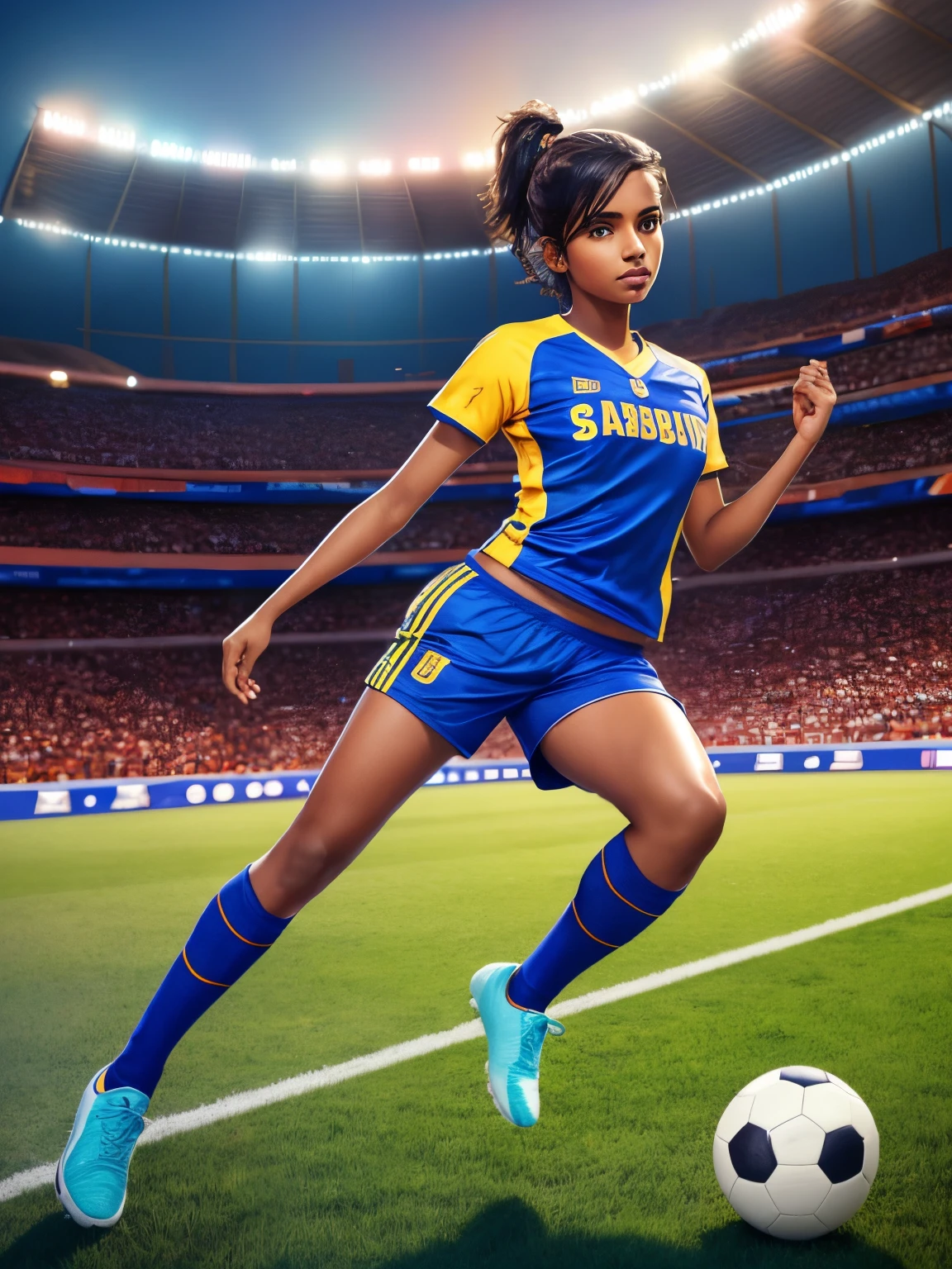 night scenario, 20 year old Tamil girl, jump and kick the football in the field, high detailed beautiful gorgeous face, eyes symmetry, face symmetry, 36D, sweat on her face and body, glowing skin, (expressing determination), (round deep navel), watched by jam packed crowd, inside a stadium, flood lights, team members opposite team in action in the field, wearing team jersey sports shoes, boy haircut, vibrant colors, maximize objects in the background