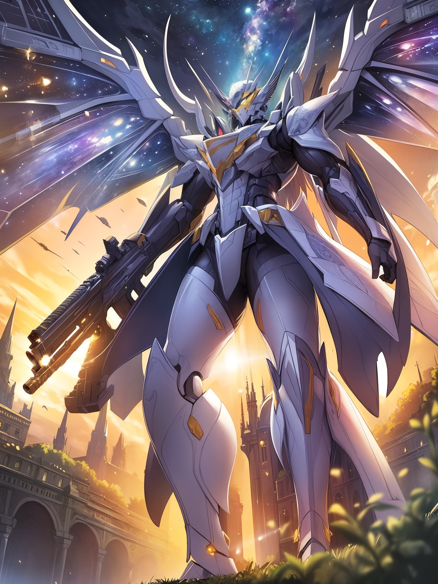 (masterpiece, best quality:1.3),extremely high detailed, intricate, 8k, HDR, wallpaper, cinematic lighting, (universe:1.4),gun,(shooting position:1.3), glowing, armor, glowing eyes, mecha, large wings,