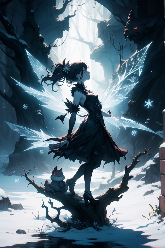 Craft a scene steeped in the shadows of dark fantasy, portraying a haunting and mysterious forest where a malevolent fairy ominously (((perches on a sinister obsidian snowflake))). The snowflake is ensnared in a relentless tempest, with the fairy's otherworldly wings casting ominous shadows in the wind. Immerse the scene in an aura of eerie magic and foreboding, accentuating the fairy's menacing presence and the intricate, almost malefic details of the snowflake. Let the colors evoke a chilling abyss, and ensure that the overall ambiance is both enchantingly sinister and chillingly macabre. Unleash your creativity in crafting the fairy's nefarious appearance, and give life to the ominous dance of this otherworldly creature on the cursed snowflake.