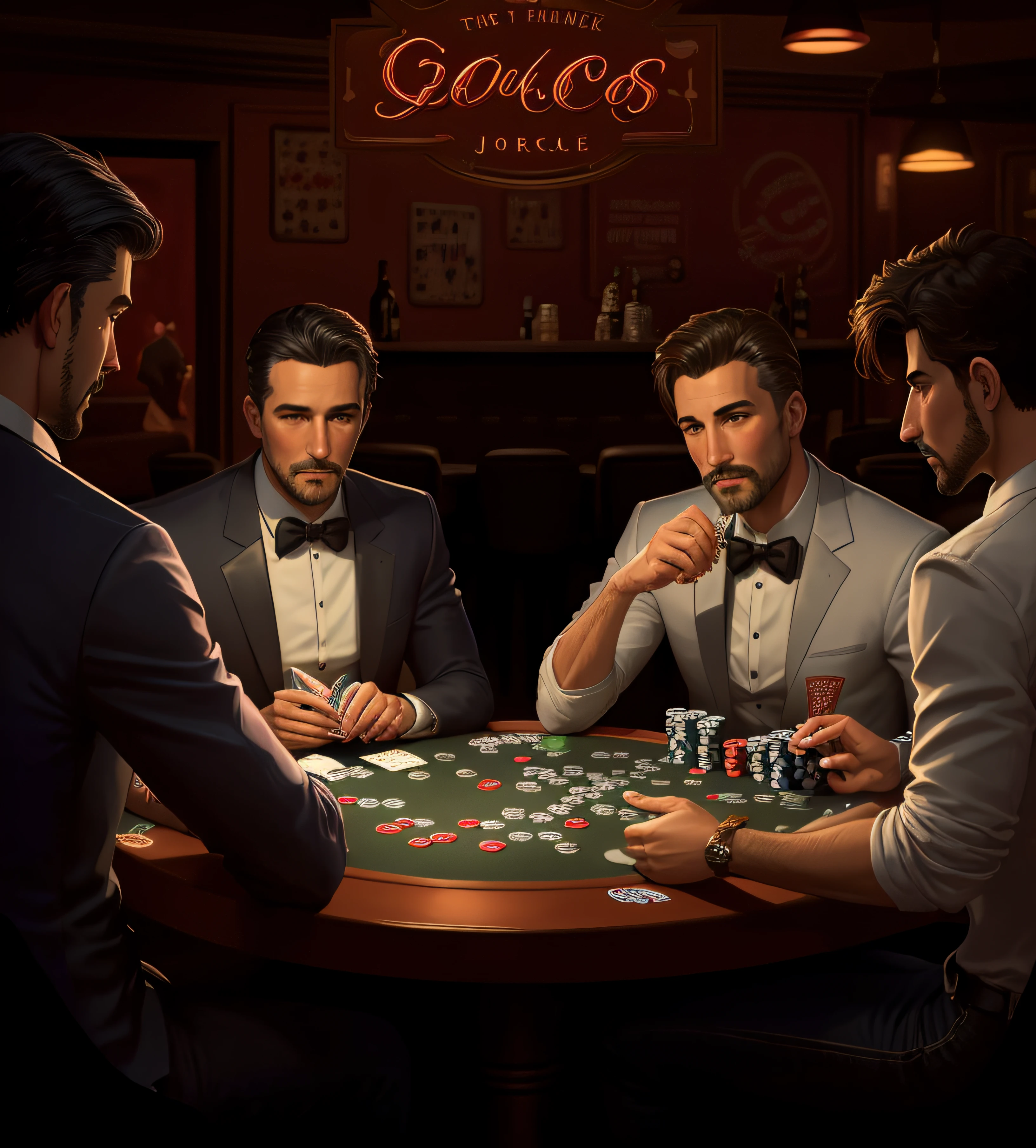 Four people sitting at the table playing cards together, Play poker, Play poker at the bar, Card game illustration, Boggs, casino, Game illustration, background artwork, card player, poker card style, Stylized digital illustration, Everyone had a great time, card art, hq artwork, card game, Official artwork, stylized illustration,