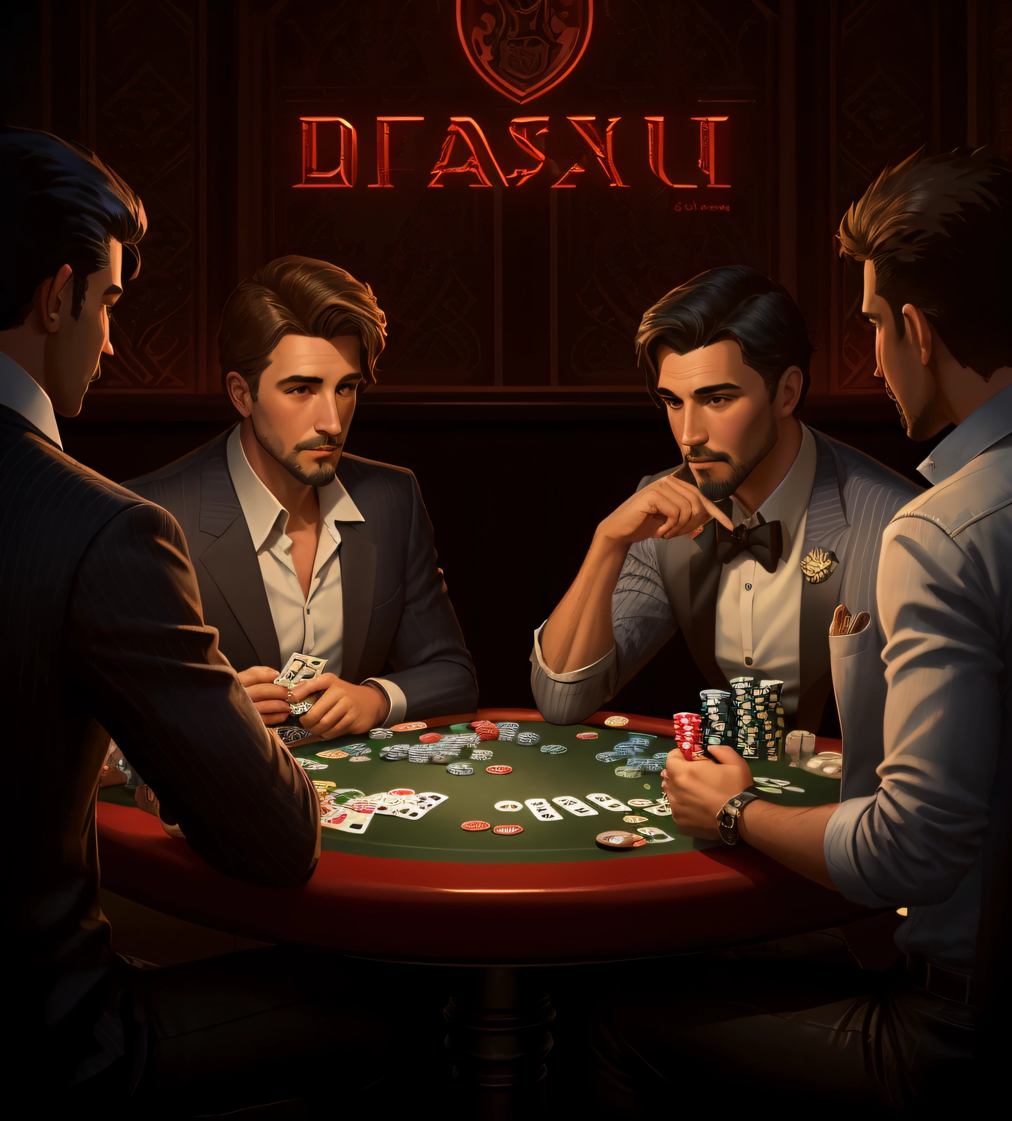 Four people sitting at the table playing cards together, Play poker, Play poker at the bar, Card game illustration, Boggs, casino, Game illustration, background artwork, card player, poker card style, Stylized digital illustration, Everyone had a great time, card art, hq artwork, card game, Official artwork, stylized illustration,