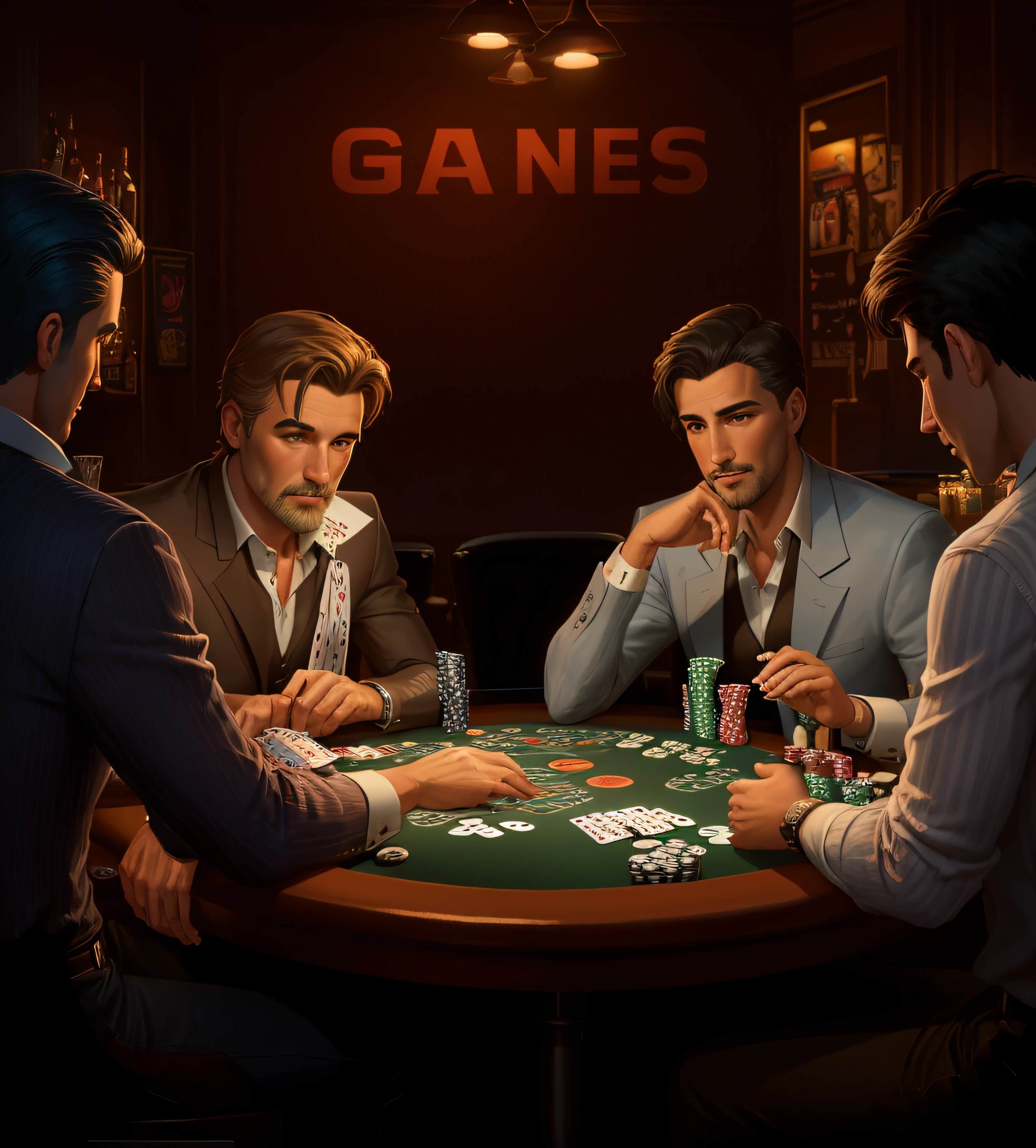 Four people sitting at the table playing cards together, Play poker, Play poker at the bar, Card game illustration, Boggs, casino, Game illustration, background artwork, card player, poker card style, Stylized digital illustration, Everyone had a great time, card art, hq artwork, card game, Official artwork, stylized illustration,