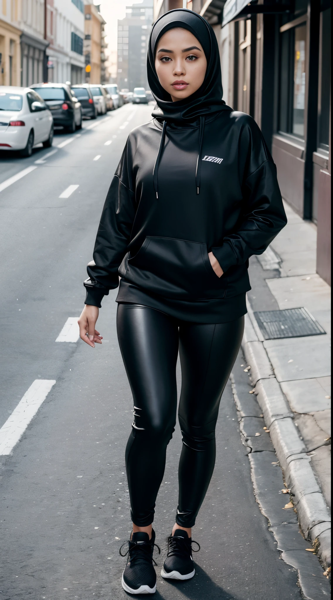 RAW, Best quality, high resolution, masterpiece: 1.3), beautiful Malay woman in hijab,Masterpiece, perfect slim fit body, Huge breast,big gorgeous eyes, Soft smile,a woman in a black hoodie standing on a street, cute sportswear, she is wearing streetwear, woman in streetwear, wearing an oversized hoodie, ultra high contrast, girl wearing hoodie, wearing  techwear, tight outfit, casual streetwear, wearing jeans and a black hoodie, ultra nd, outfit photograph, cute casual streetwear, white leggings, tight attire, leggins ,(thick thighs) , (Delicate turtleneck) , necklace, shairband, afternoon walk, City street , Excellent lighting, Bright colors, Clean lines