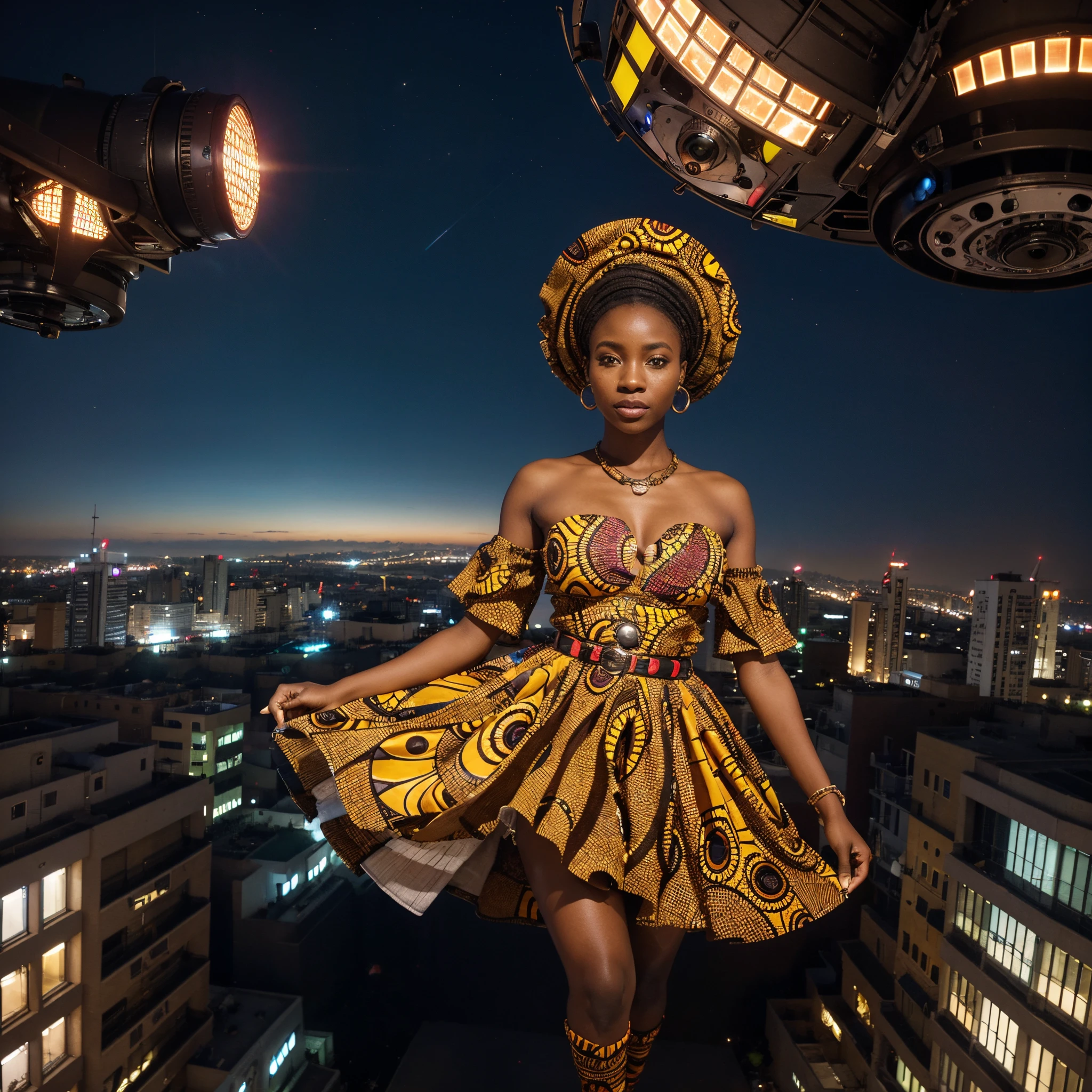 A unique fisheye lens 2.0 view of an African woman dressed in vibrant African-inspired clothes, she's floating high up in the sky above the city and sky scrapers, city lights beneath her feet, she's surrounded by floating drone cameras flashing lights on her, night time with camera lights shining light in the scene creating a dynamic and visually stunning scene.