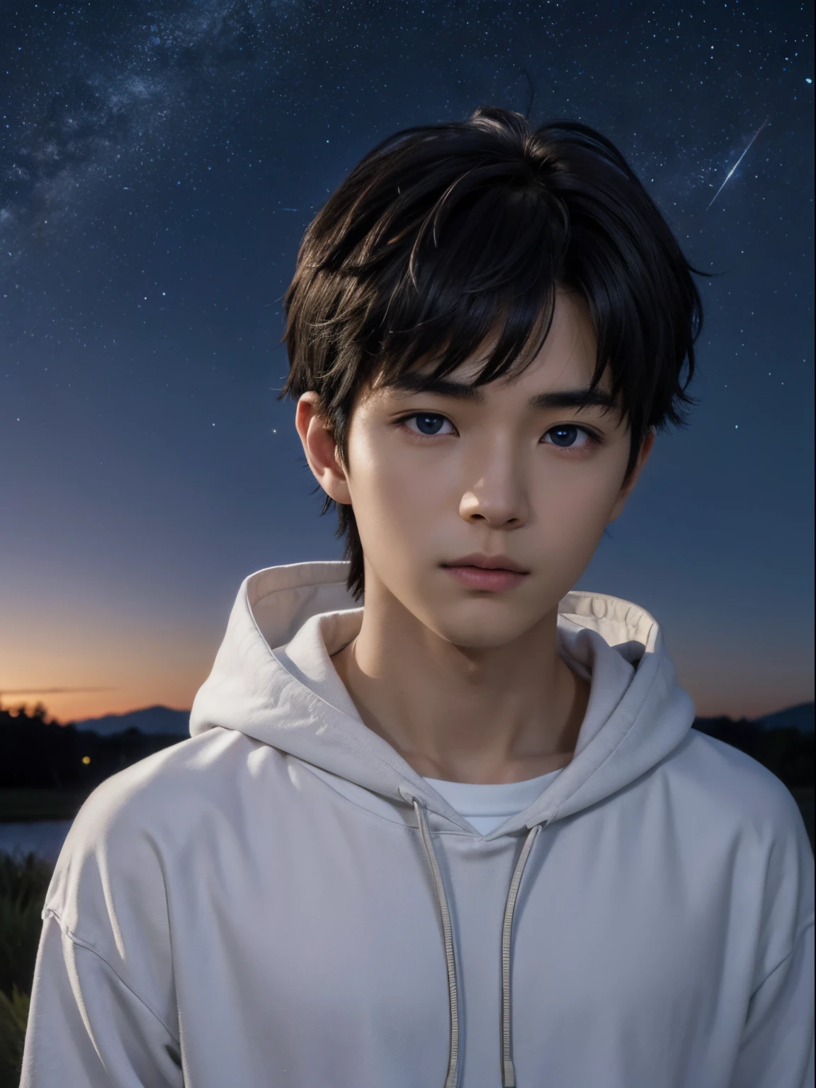 (photorealistic, masterpiece, 8K HD, good lighting quality, portrait, closing up on face, intricate details), a handsome young japanese boy, , cute, wistful gaze, detailed face, detailed eyes, looking at the sky, wearing hoodie over shirt, necklace, blue eyes, (pale skin), slim build, black hair, smooth hair, hair bangs, relatively long hair, outdoors, twilight, stars, constellation, cosmical, dreamy world, surrealism, ethereal