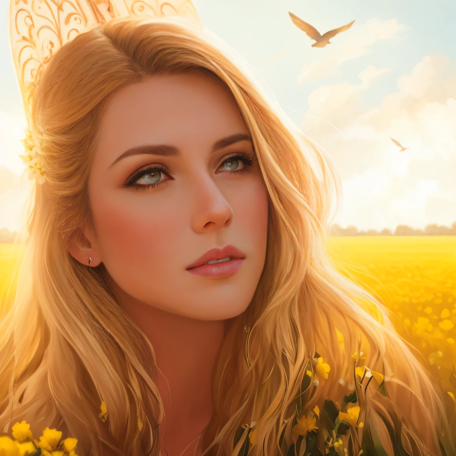 Painting of a woman in a field with birds flying overhead, Author: RHADS, inspired by RHADS, rhads and lois van baarle, rhads!!!, Concept art | rhads, rhads!, WLOP and RHADS, rob rey, Girl dancing on a flower field, Rads watercolor, A girl walks through a flower field