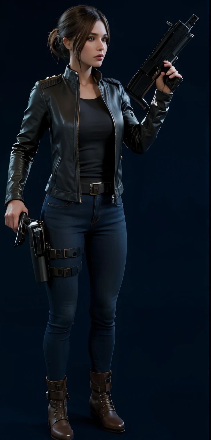 uma mulher de jaqueta e jeans com uma arma, tiro de corpo inteiro hiperdetalhado, protagonista feminina, roupas altamente detalhadas, roupas realistas, roupa feminina, Roupas realistas, detalhes do corpo inteiro, corpo altamente detalhado, Personagem altamente detalhado, conceito detalhado de corpo inteiro, Modelo 3D no jogo, parte superior do corpo altamente detalhada, pele de detalhes extremos, personagem feminina