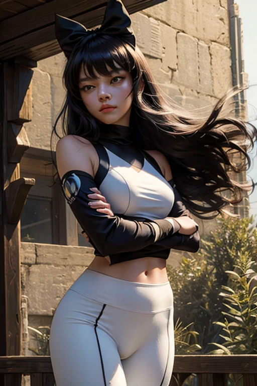 masterpiece, best quality:1.2), cowboy shot, solo, 1girl, blake belladonna, expressionless, closed mouth, looking at viewer, black hair bow, white shirt, detached sleeve, yoga pants