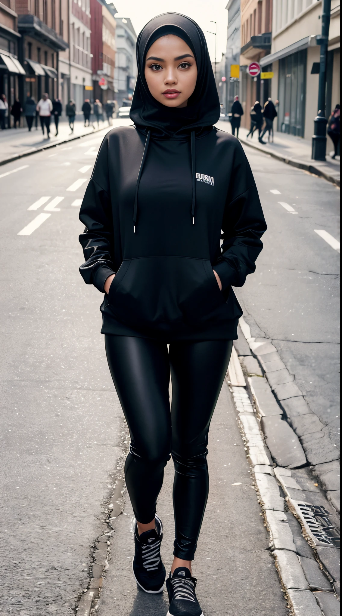 RAW, Best quality, high resolution, masterpiece: 1.3), beautiful Malay woman in hijab,Masterpiece, perfect slim fit body, Huge breast,big gorgeous eyes, Soft smile,a woman in a black hoodie standing on a street, cute sportswear, she is wearing streetwear, woman in streetwear, wearing an oversized hoodie, ultra high contrast, girl wearing hoodie, wearing  techwear, tight outfit, casual streetwear, wearing jeans and a black hoodie, ultra nd, outfit photograph, cute casual streetwear, white leggings, tight attire, leggins ,(thick thighs) , (Delicate turtleneck) , necklace, shairband, afternoon walk, City street , Excellent lighting, Bright colors, Clean lines