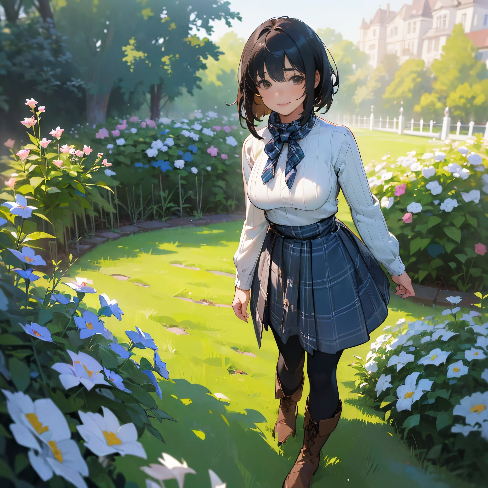 (High quality, High resolution, Ultra-detailed, Realistic:1.37), peaceful ambiance, (plein air, garden), Teenage girl standing alone, (My breasts are big.), Beautiful detailed features, Cute smile, (Black bob hair), Ribbed sweater, blue plaid skirt, Black tights, Brown boots.