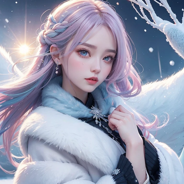 when the cold winter comes，This beauty with blue-pink hair seems to be the incarnation of an  and snow goddess。She stands in a world covered in silver，Perfectly complements the winter background。

Under the snowy sky，Her blue-pink hair looks like a frozen waterfall，Shining with crystal clear light under the sunlight。The cold air condenses into tiny droplets of water，gently attached to her hair，embellished like pearls。

She wore a heavy yet elegant down jacket，The color of her coat complements her blue-pink hair。The fabric of the jacket is soft and warm，As if tailor-made for her，Perfectly outlines her slender figure and charming curves。Whenever the breeze blows，The swing of the coat brought a soft murmur。

Her hands are covered with a pair of warm gloves，The color of the gloves matches her hair，Adds a splash of bright color。when she gently hands，Snowflakes melted on her gloves，Turn into a drop of crystal clear water。

Her cheeks were slightly red，Full of winter natural pink。The cold air condensed on her eyebrows and eyelashes，Like delicate  crystal embellishmentake her face more beautiful and charming。

This beautiful woman stands in the silvery white snow，Like the most delicate flower in the cold winter。With her unique charm and mysterious temperament, she，Attract the attention of everyone around。Her blue-pink hair blends beautifully with the winter background，Sketch an intoxicating picture。