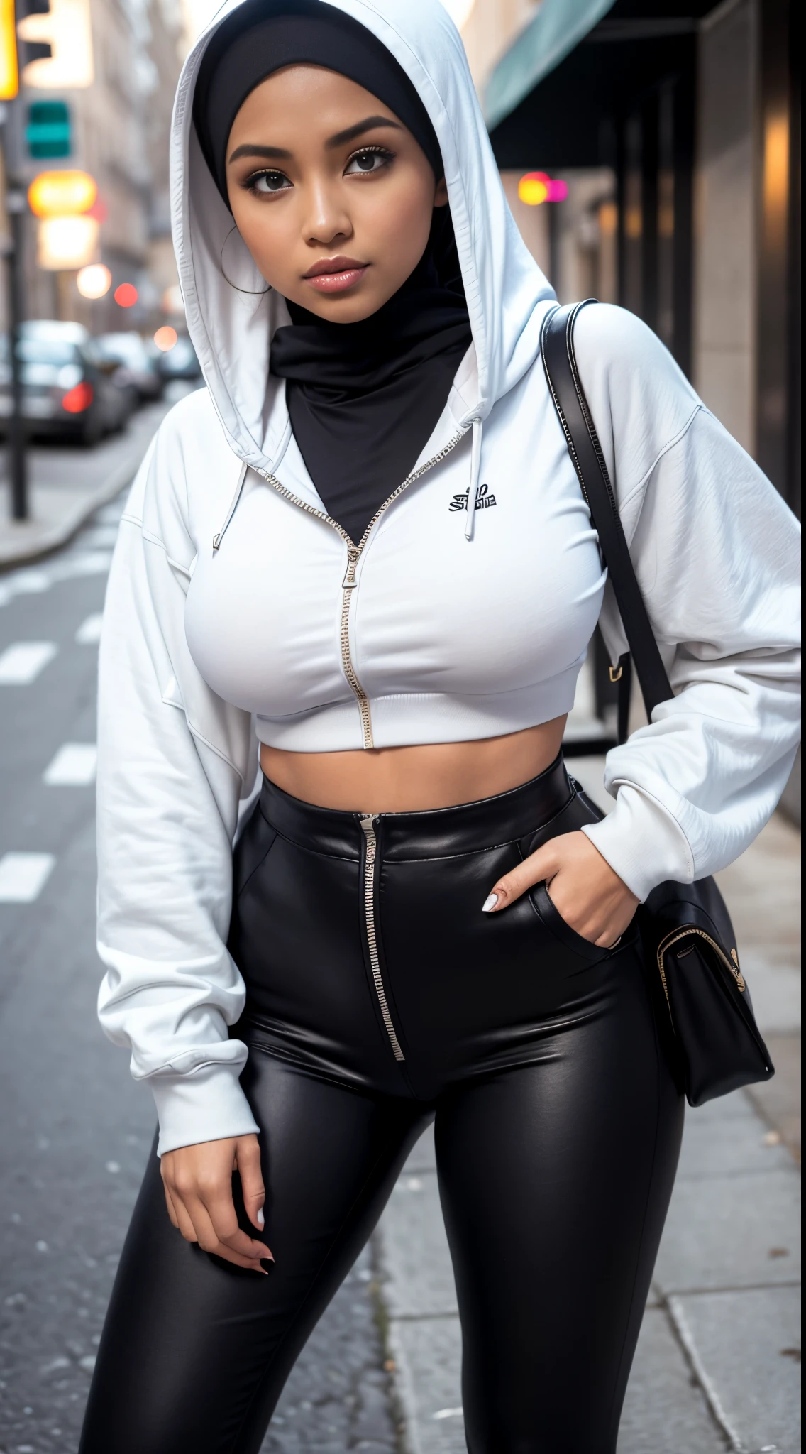RAW, Best quality, high resolution, masterpiece: 1.3), beautiful Malay woman in hijab,Masterpiece, perfect fit body, Huge breast,big gorgeous eyes, Soft smile,a woman in a white hoodie standing on a street, cute sportswear, she is wearing streetwear, woman in streetwear, wearing an oversized hoodie, ultra high contrast, girl wearing hoodie, wearing  techwear, tight outfit, casual streetwear, wearing jeans and a black hoodie, ultra nd, outfit photograph, cute casual streetwear, white leggings, tight attire, leggins ,(thick thighs) , (Delicate turtleneck) , necklace, shairband, afternoon walk, City street , Excellent lighting, Bright colors, Clean lines