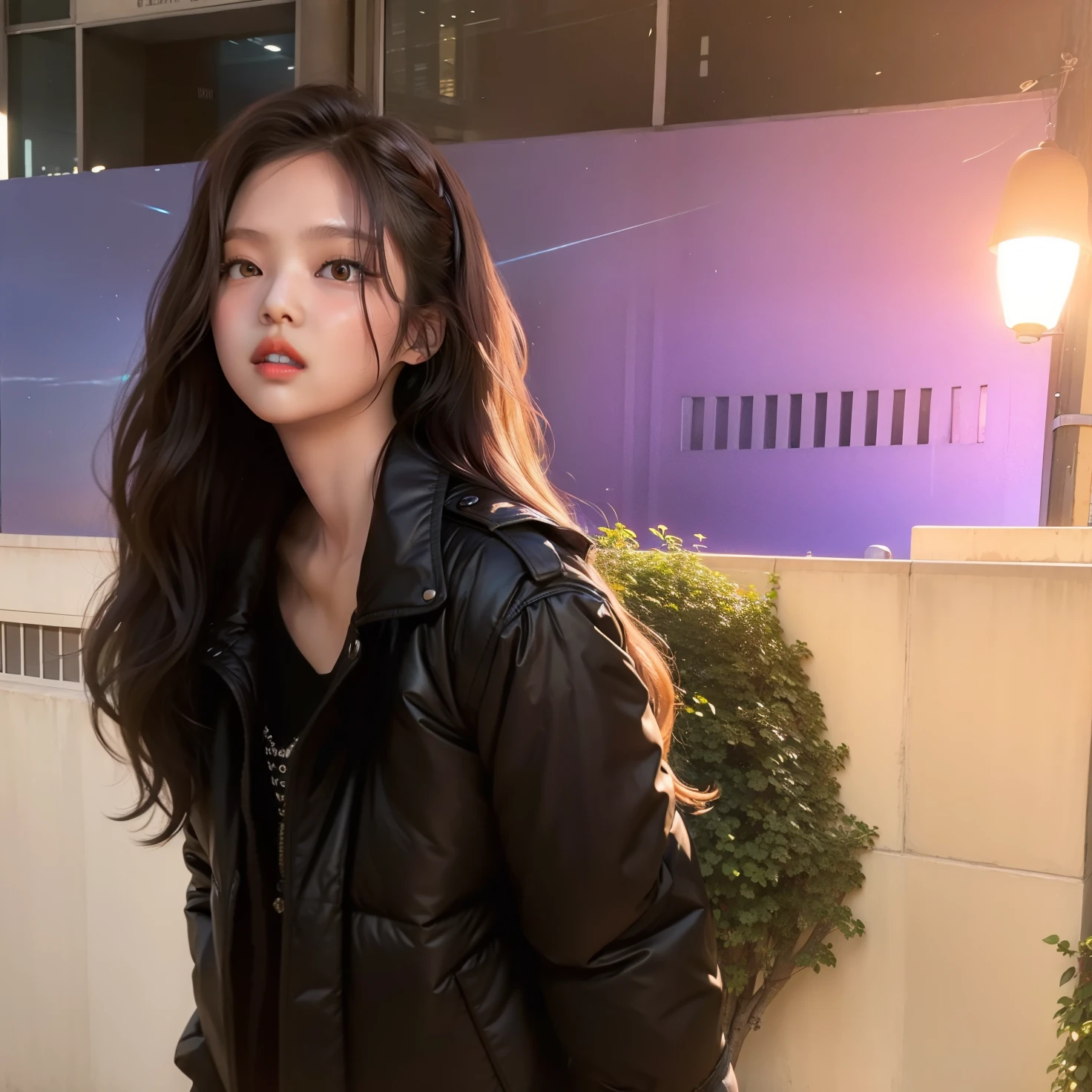 (1girl:1.3), sozinho, rosto de Kim Jennie, woman in a black jacket in front of a building, Jennie do Blackpink, Jennie do Blackpink, Jennie do Blackpink, retrato Jennie Blackpink, Photo Session, Jennie Blackpink, Jennie as a super villain