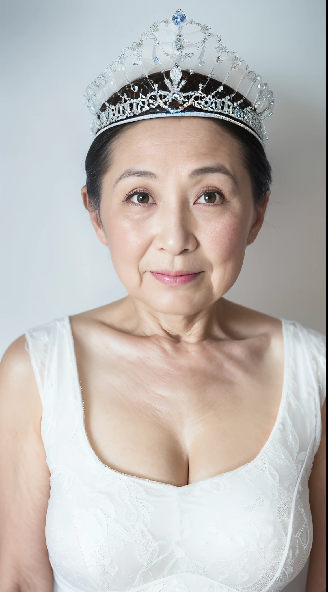 Pure white background, gravure, facing front, Wearing a tiara, from the chest up, masterpiece, Best Quality, Ultra-detailed, Photorealistic, super detailed skin, Perfect Anatomy, (1 japanese mature woman), (Solo), 98 years old, Large breasts, ((elderly mature model)), plump, A sexy, Chromo-white skin, Looking at Viewer,