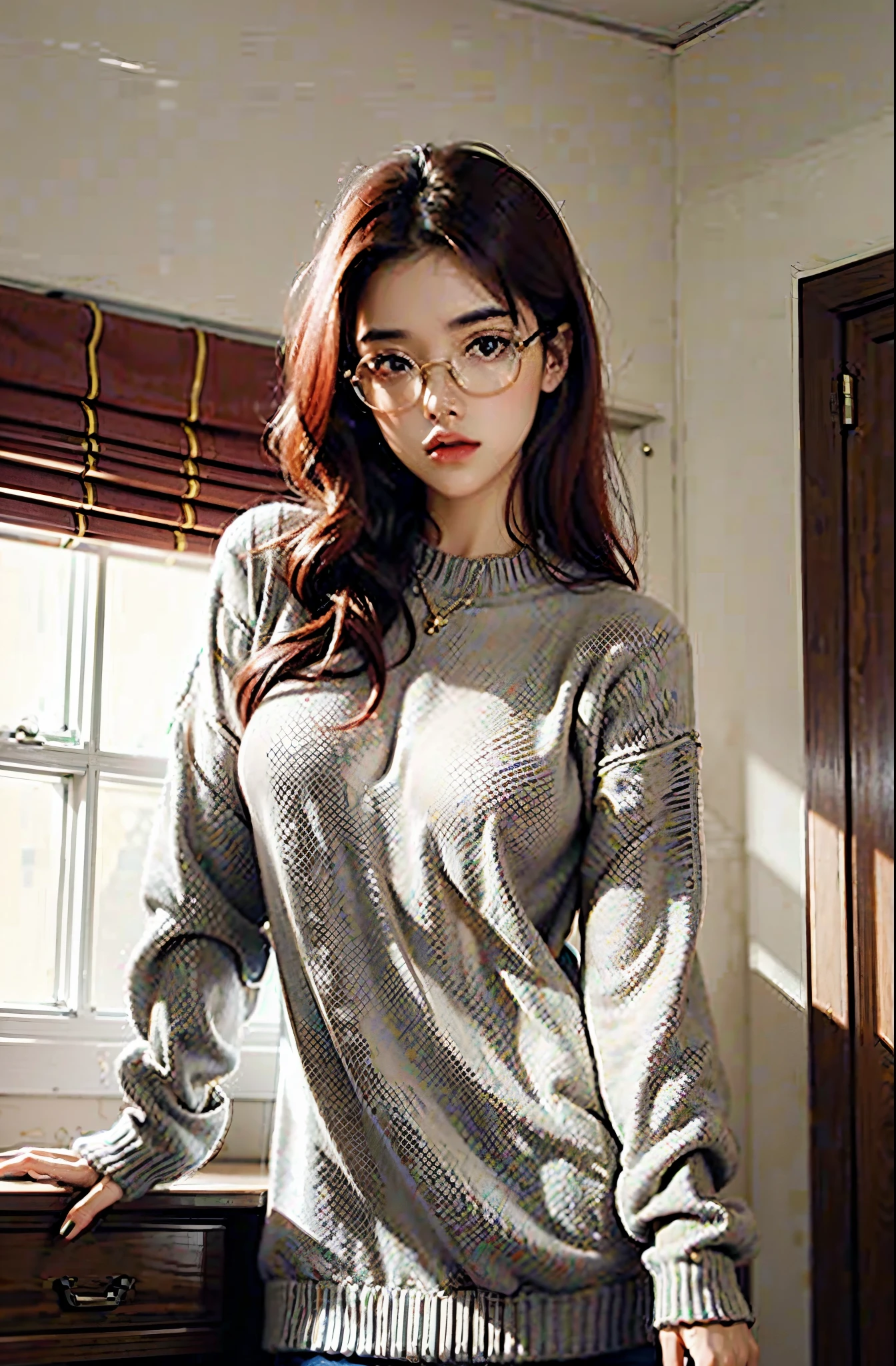 Modern beauty,light grey sweater,Gold-rimmed glasses,dark red colored hair,Leaning on the desk