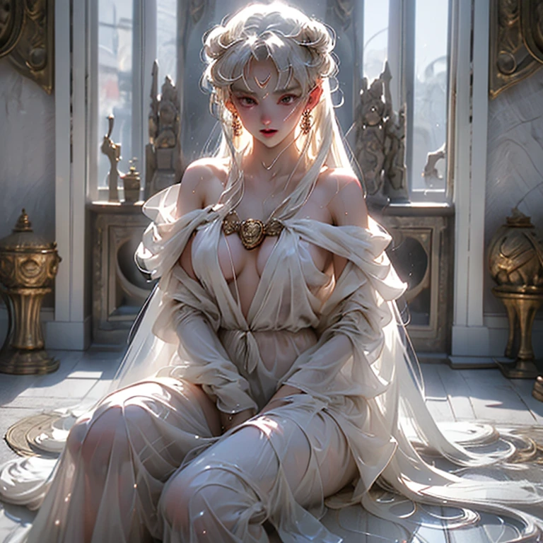 (see through), (Can see through clothes), (Thin clothing，Expose skin）Covered in sweat，hair wet，White hair，red eyes，trpical garden，Highest image quality，A beautyful girl，robe，Lace，The large，Raised sexy，solo person，Sit on the floor，Elegance，cute big breasts，prank bangs，thighs focus，Natural soft light，facing to audience，exquisite facial features，Glowing skin，Eyes as bright as jewels，Long hair shawl，Chest，cropped shoulderull bodyesbian, Clear liquid drips from the crotch,The beautiful，Holy，