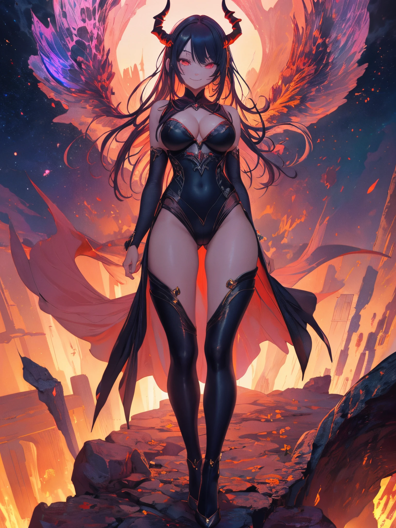 A demon girl, (((long, curved frontal horns))), long hair, detailed hair, multicolored hair, heterochromia eyes, devilish smile, suit, cleavage, thin high heels, claws, sapphire on the forehead, full body, muscular thighs , thick, small breasts, big booty, on a throne in the void, {extremely detailed 16k CG unit wallpaper}, expansive landscape photography, (a low view with focus on the character and setting), (wide view wide field), (low angle shot), (high light: 1.4), (low light: 1.4), (warm light source: 1.4), complex details, (iridescent colors: 1.8), (bright lighting), (atmospheric lighting), Dreamy, unique, psychedelic